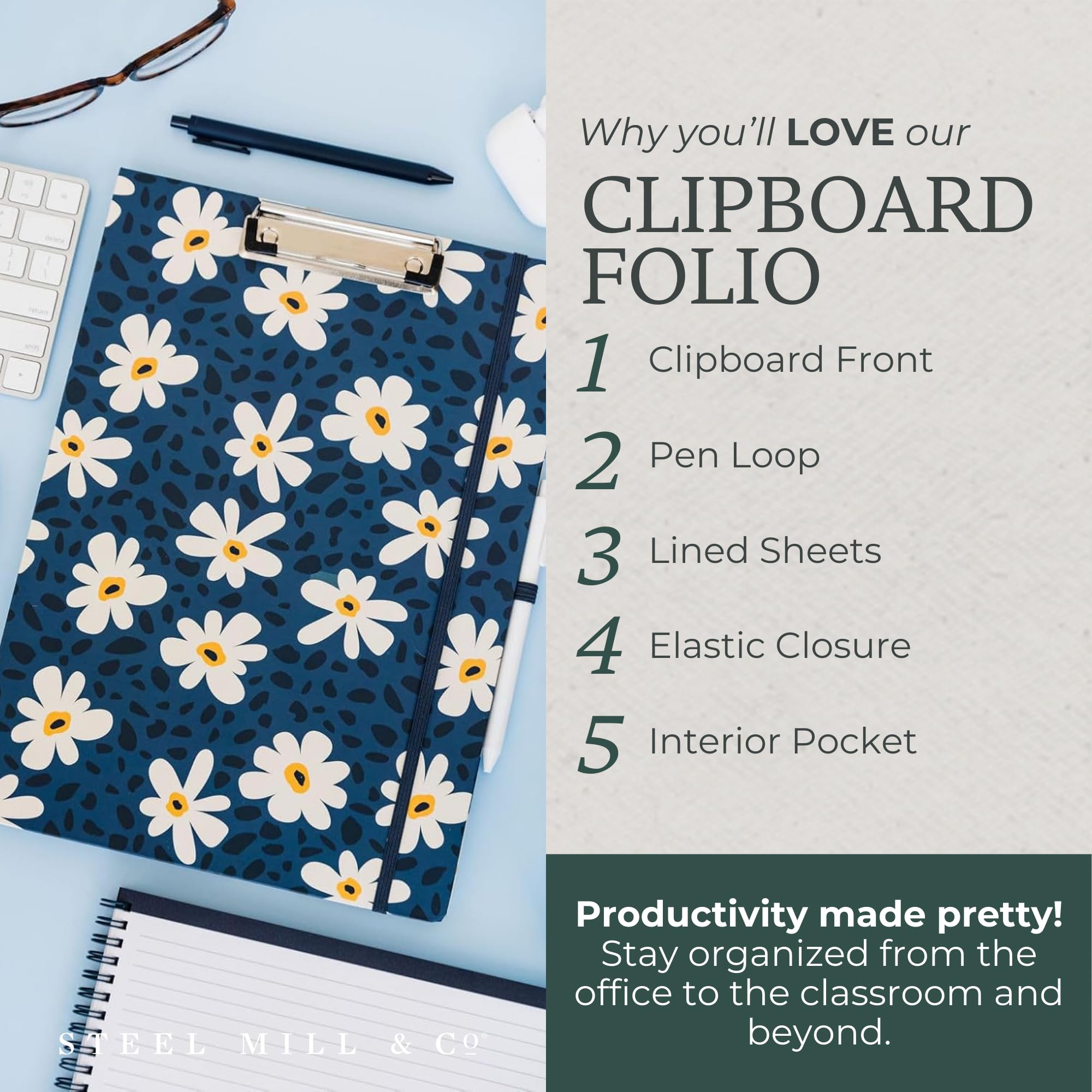 Steel Mill & Co Cute Clipboard Folio with Refillable Lined Notepad and Interior Storage Pocket, Black and White Padfolio for Work, Black Dots