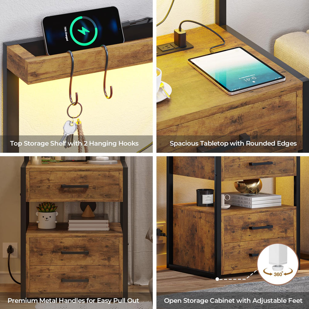VIAGDO Led Nightstand with Charging Station, 3 Drawers Night Stands with Led Lights, Black Bedside Tables with Storage Shelves, Modern End Side Tables for Bedroom, Office