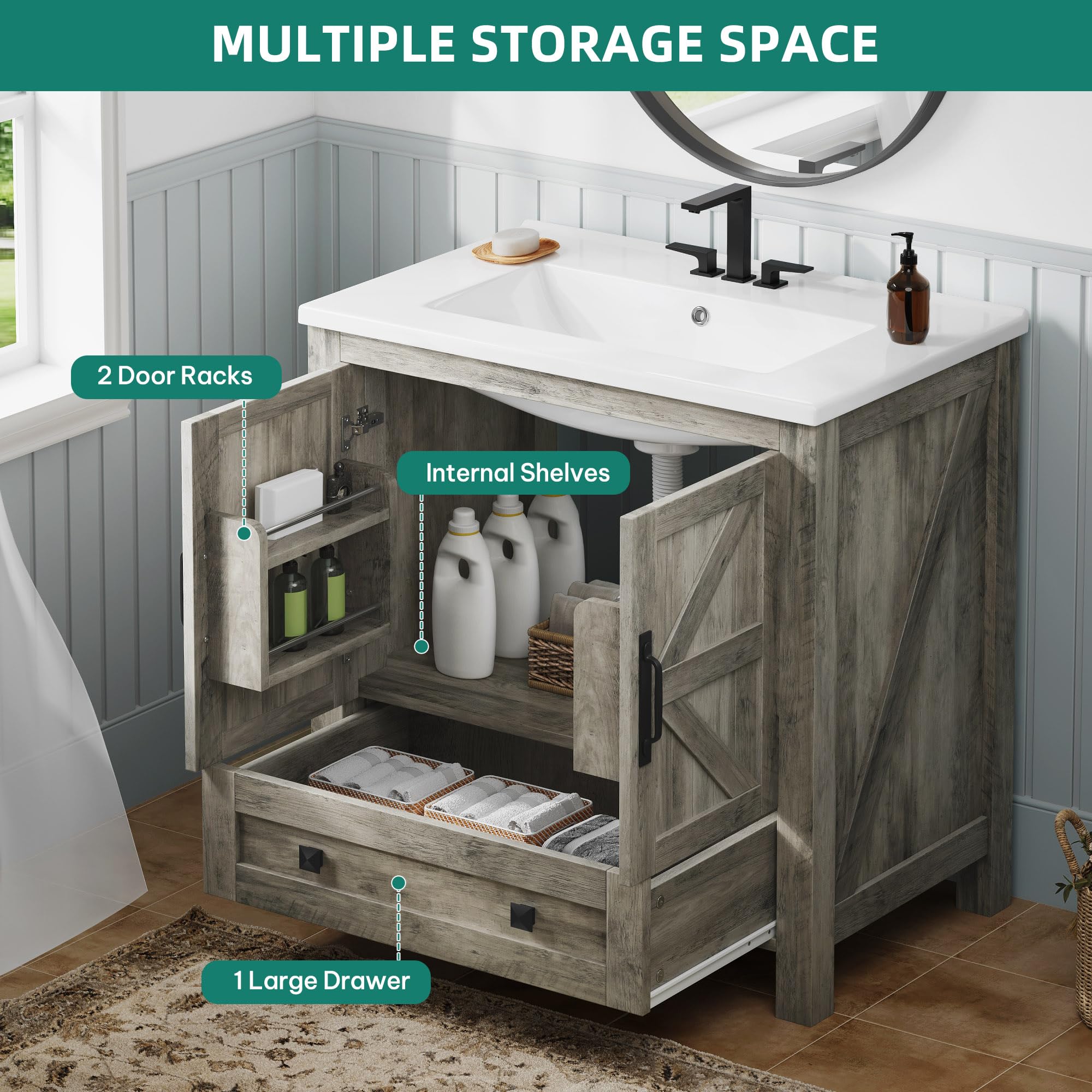 YITAHOME 30 Inch Farmhouse Bathroom Vanity with Sink, Small Space Bathroom Storage Cabinet with Large Drawer, 2 Wood Barn Doors with Built-in Door Racks