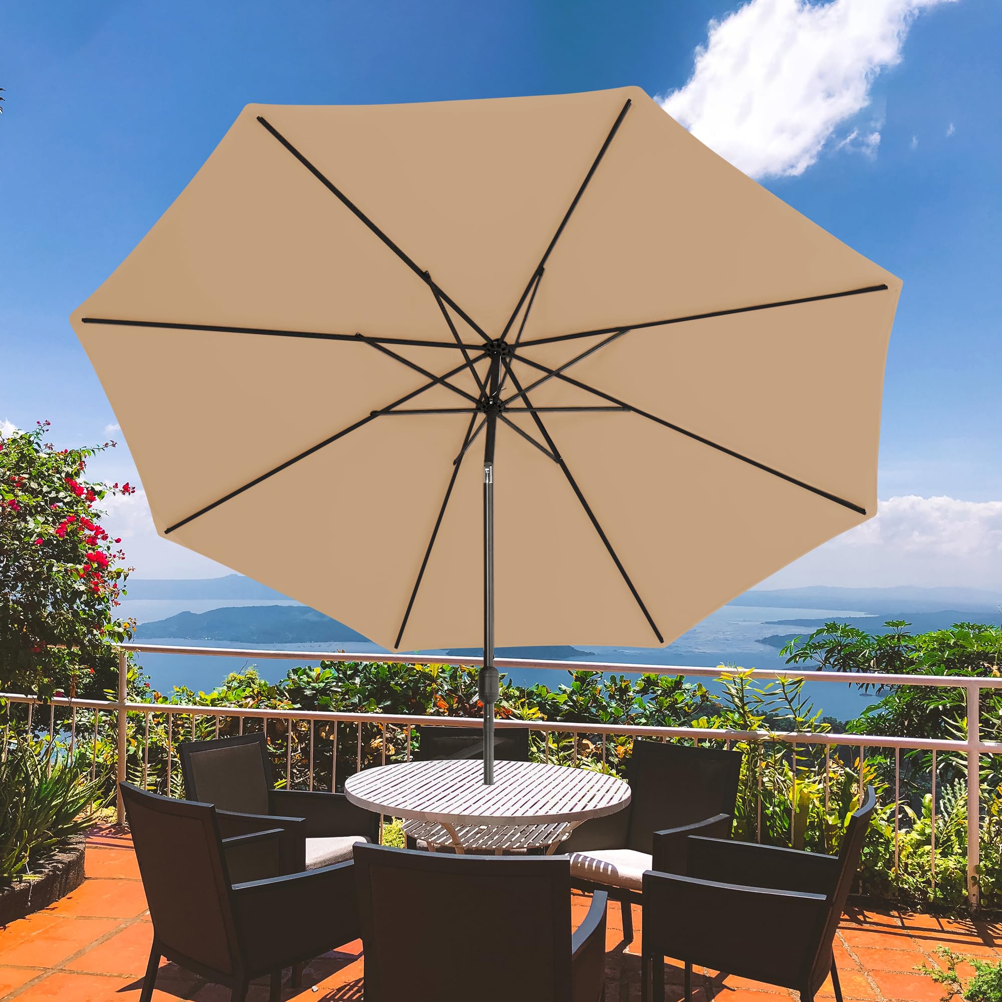 Sundale Outdoor 9FT Patio Umbrella with Sand Bag Umbrella Base, Outdoor Umbrella with Tilt and Crank, Beige