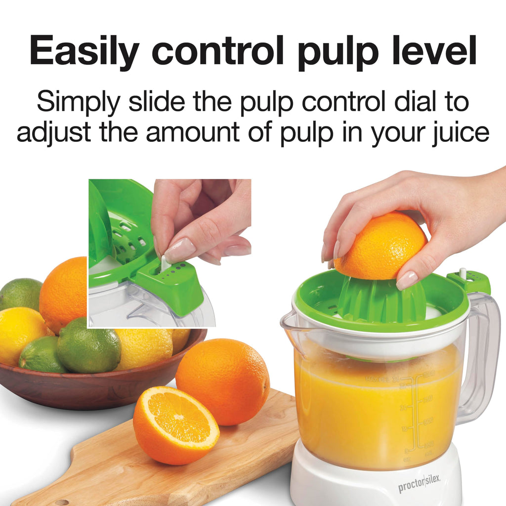 Proctor Silex Electric Citrus Juicer Machine, Large 34 oz. Pitcher, Pressure Activated, 2 Reamers for Big and Small Fruit, Pulp Control, for Orange, Lemon, Grapefruit Juice, White & Green (66340)