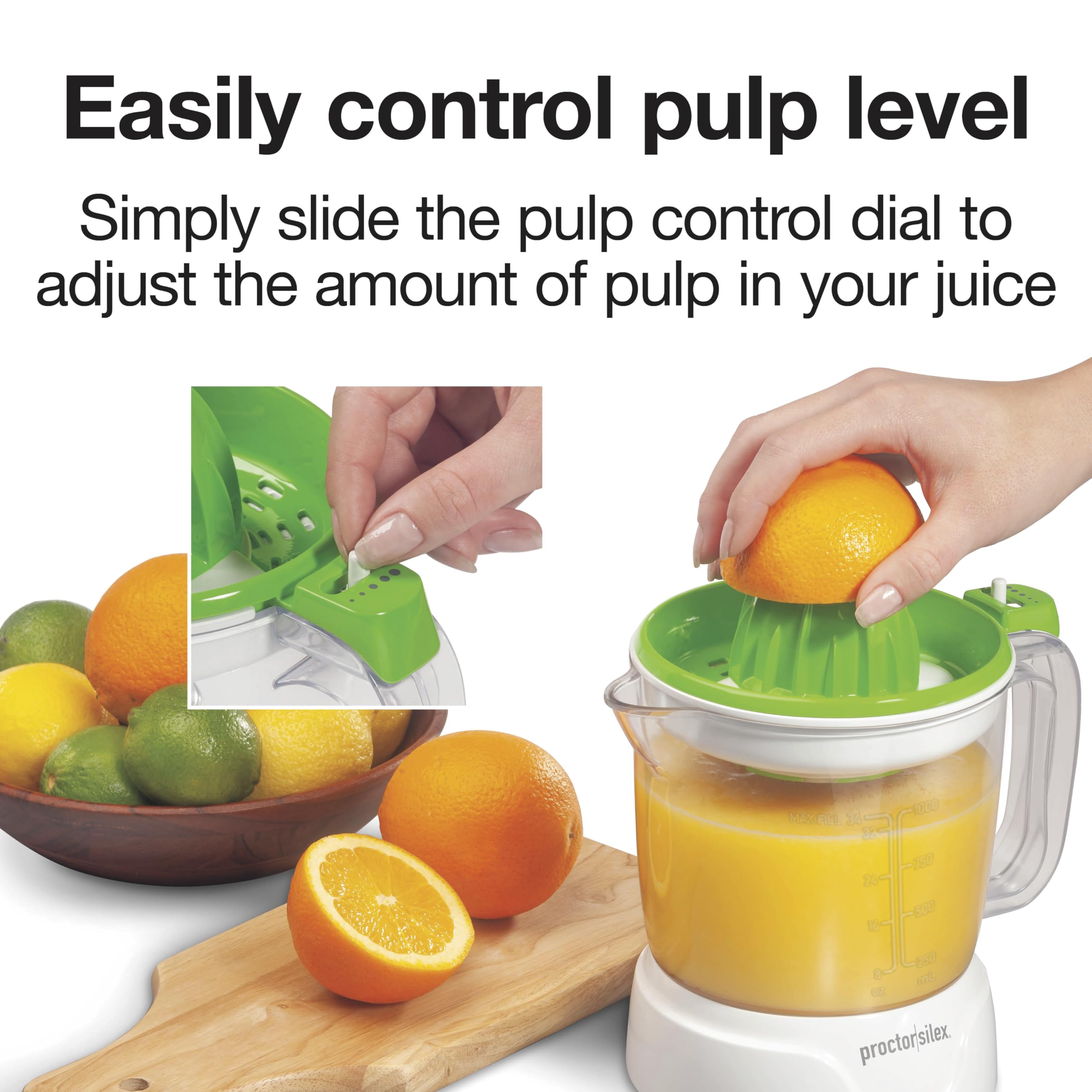 Proctor Silex Electric Citrus Juicer Machine, Large 34 oz. Pitcher, Pressure Activated, 2 Reamers for Big and Small Fruit, Pulp Control, for Orange, Lemon, Grapefruit Juice, White & Green (66340)