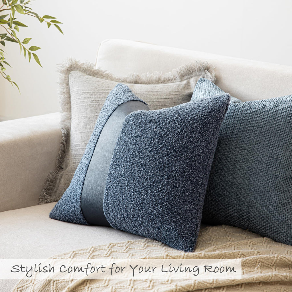 18"x18" Charcoal Black Boucle Throw Pillow Covers with Faux Leather Accents Set of 2 Fluffy Textured Decorative Pillow Cases for Couch Bed Boho Farmhouse Square Cushion Covers for Nordic Home