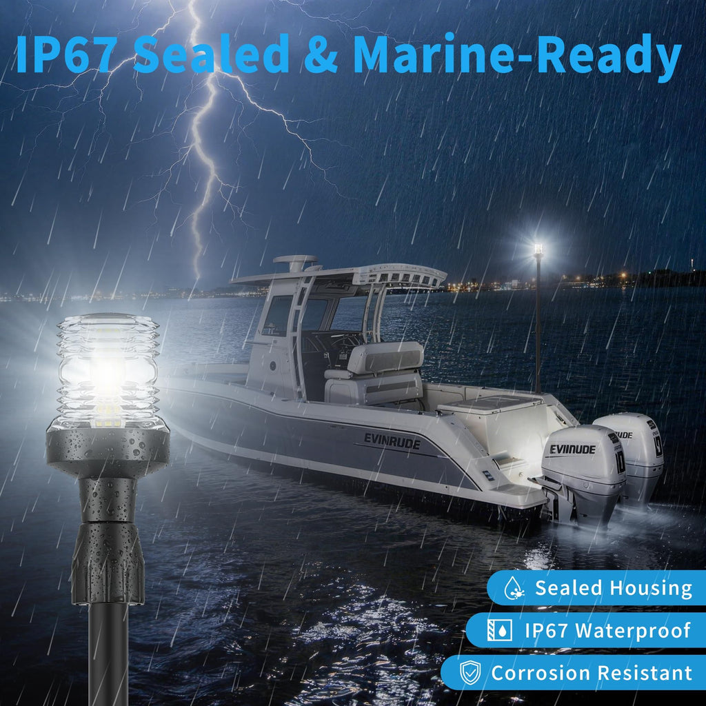 Obcursco Boat Stern Lights, Telescoping Pole 27"-48" LED Anchor Light with Base, 12V Adjustable 3NM 360° Navigation Lighting for Pontoon, Yacht, Bass, and Fishing Boats (27"-48", Black)