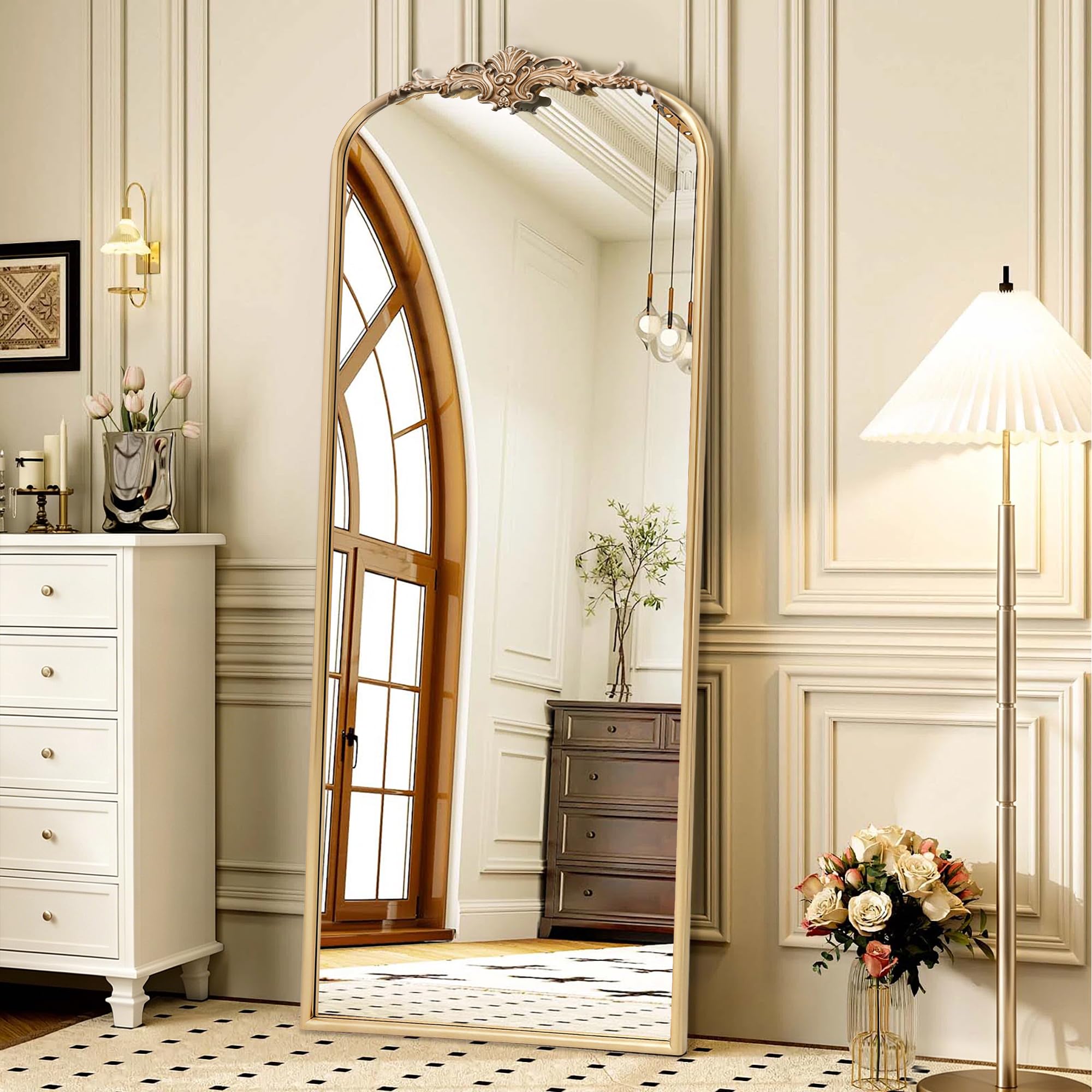 Besdomus Vintage Arched Black Mirror: 32"x24" French Large Black Vintage Wall Mirror - Baroque Traditional Ornate for Living Room/Fireplace/Bathroom- Ideal Gifts for Housewarming/Birthday
