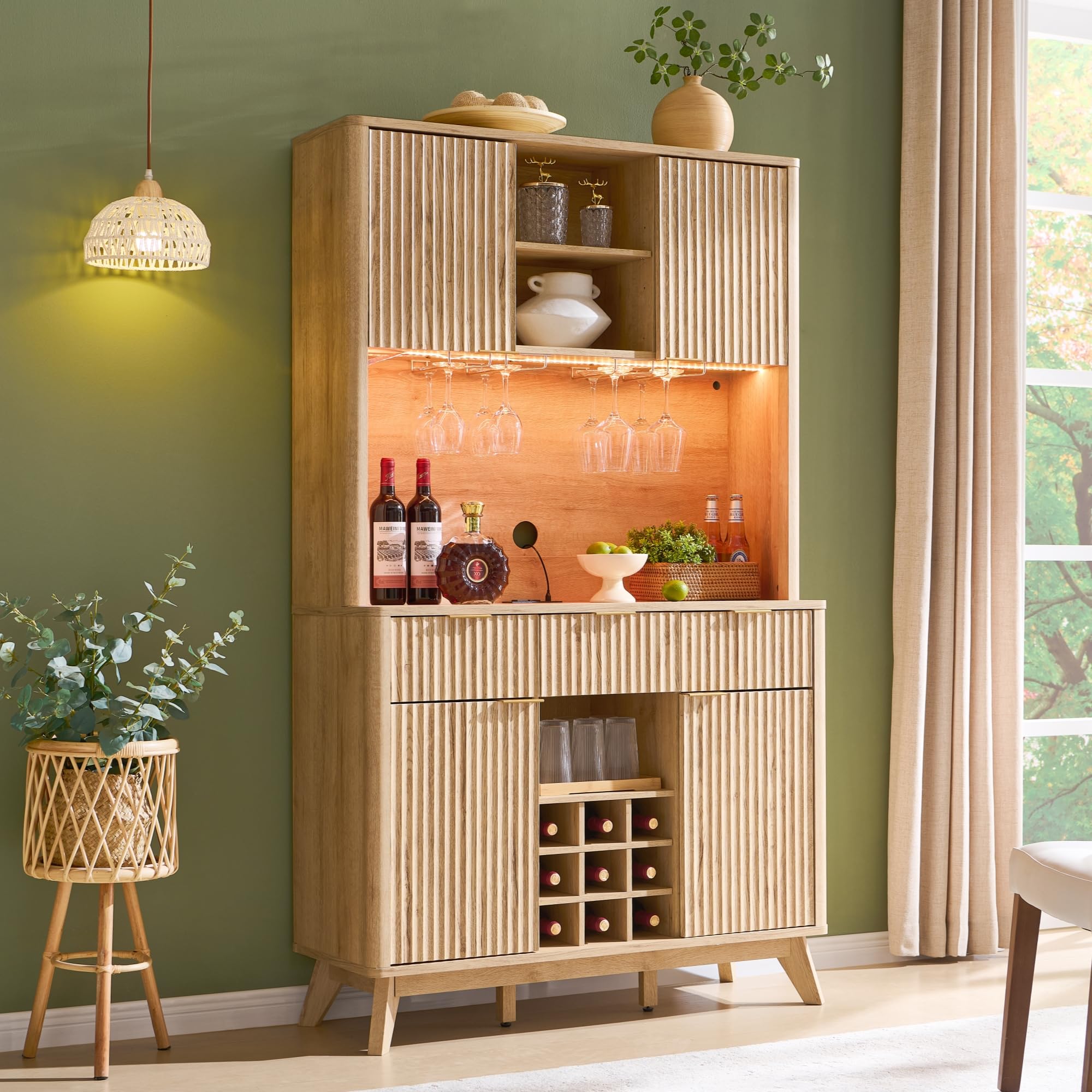 OKD 72" Tall Fluted Coffee Bar Cabinet with Ample Storage, Modern Buffet Sideboard with Glass Holder/Wine Rack/Led Lights/Charging Station, Wine Cabinet for Kitchen, Dining Room, Home Bar, Dark Walnut