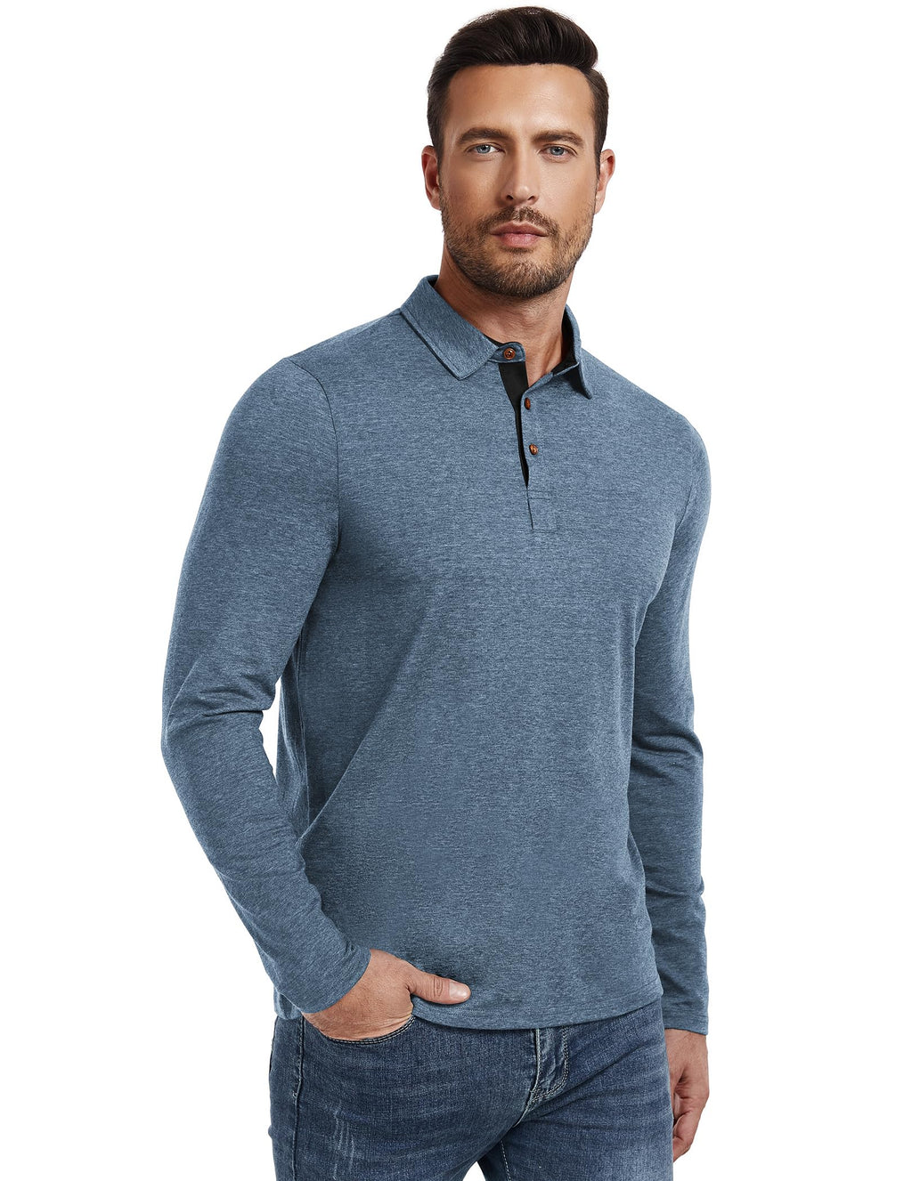 PEGENO Mens Polo Short/Long Sleeve Shirt Classic Button Basic Solid Color Designed Collared Polo Shirt Fashion Casual Shirts