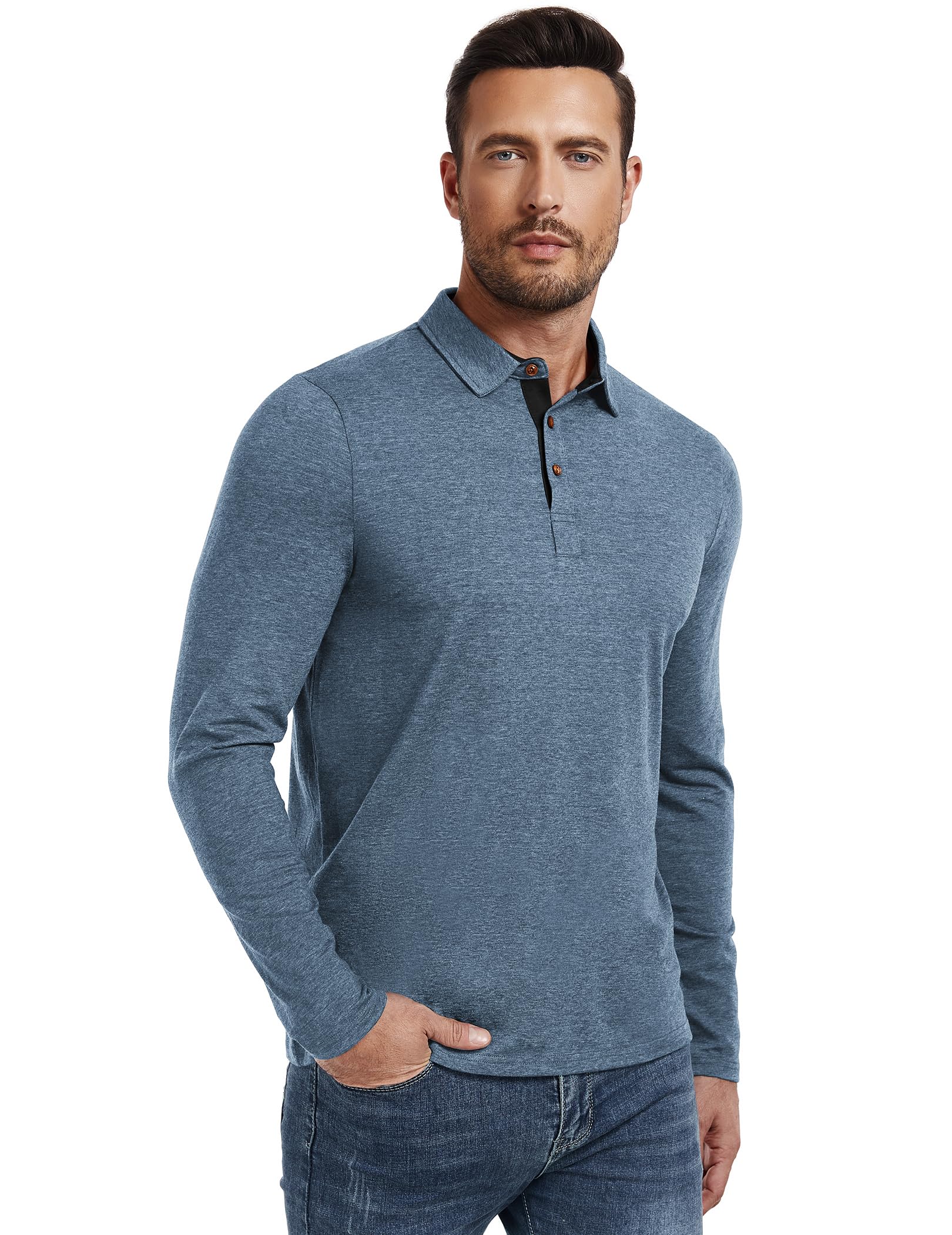 PEGENO Mens Polo Short/Long Sleeve Shirt Classic Button Basic Solid Color Designed Collared Polo Shirt Fashion Casual Shirts