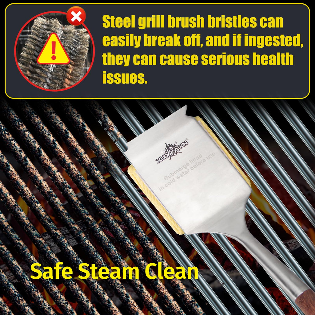 Bristle-Free Steam Cleaning Grill Brush — Features an Extended Luxurious Rosewood Handle and a Unique Wavy pad that Seamlessly fits cast Iron and Stainless Steel grates