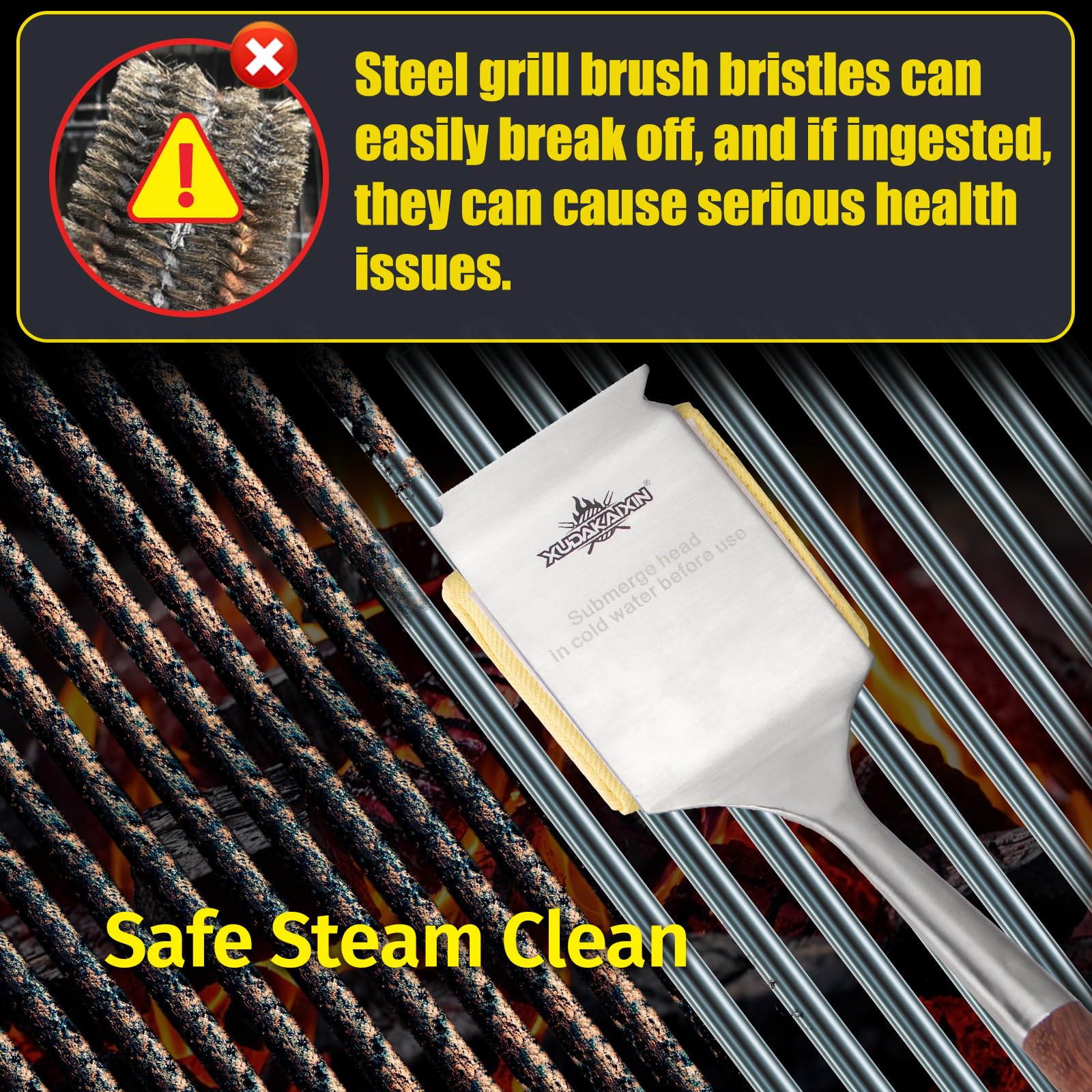 Bristle-Free Steam Cleaning Grill Brush — Features an Extended Luxurious Rosewood Handle and a Unique Wavy pad that Seamlessly fits cast Iron and Stainless Steel grates