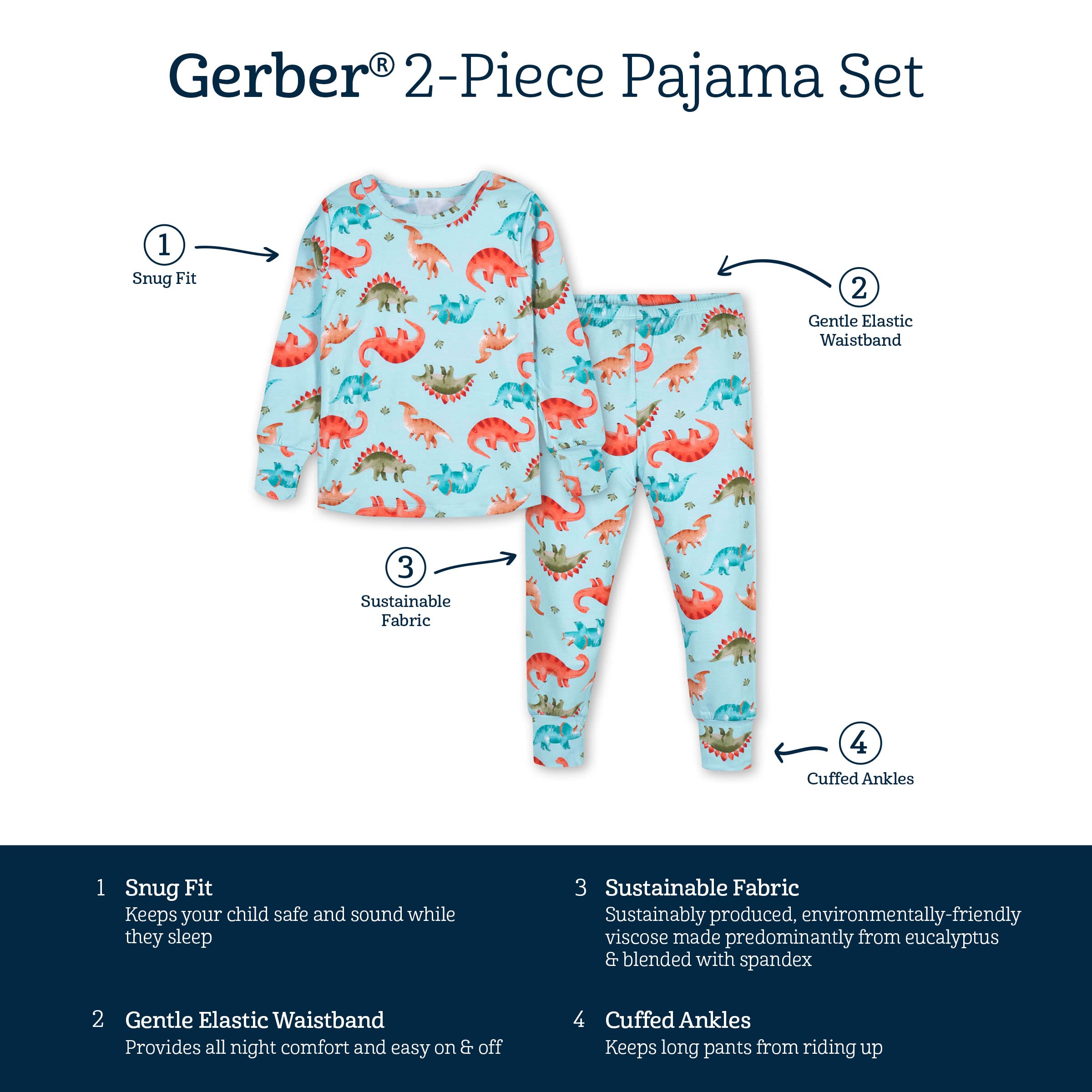 Gerber Unisex Baby Toddler Buttery Soft 2-Piece Snug Fit Pajamas with Viscose Made from Eucalyptus