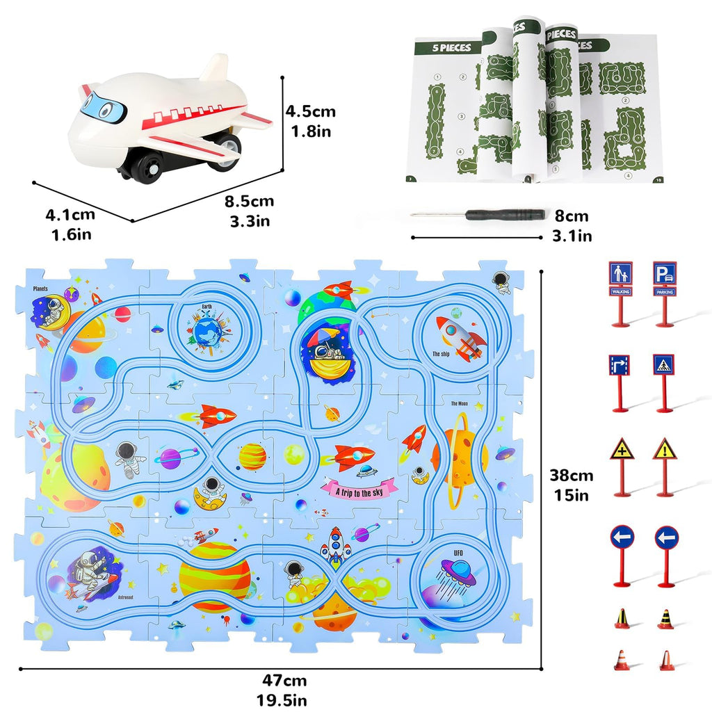 Puzzle Track Car Play Set with 12 Dinosaur Figures, Plastic Railcar Floor Puzzles for Kids Ages 3-5 with Vehicles, Toys Gifts for 3 4 5 6 Year Old Boys