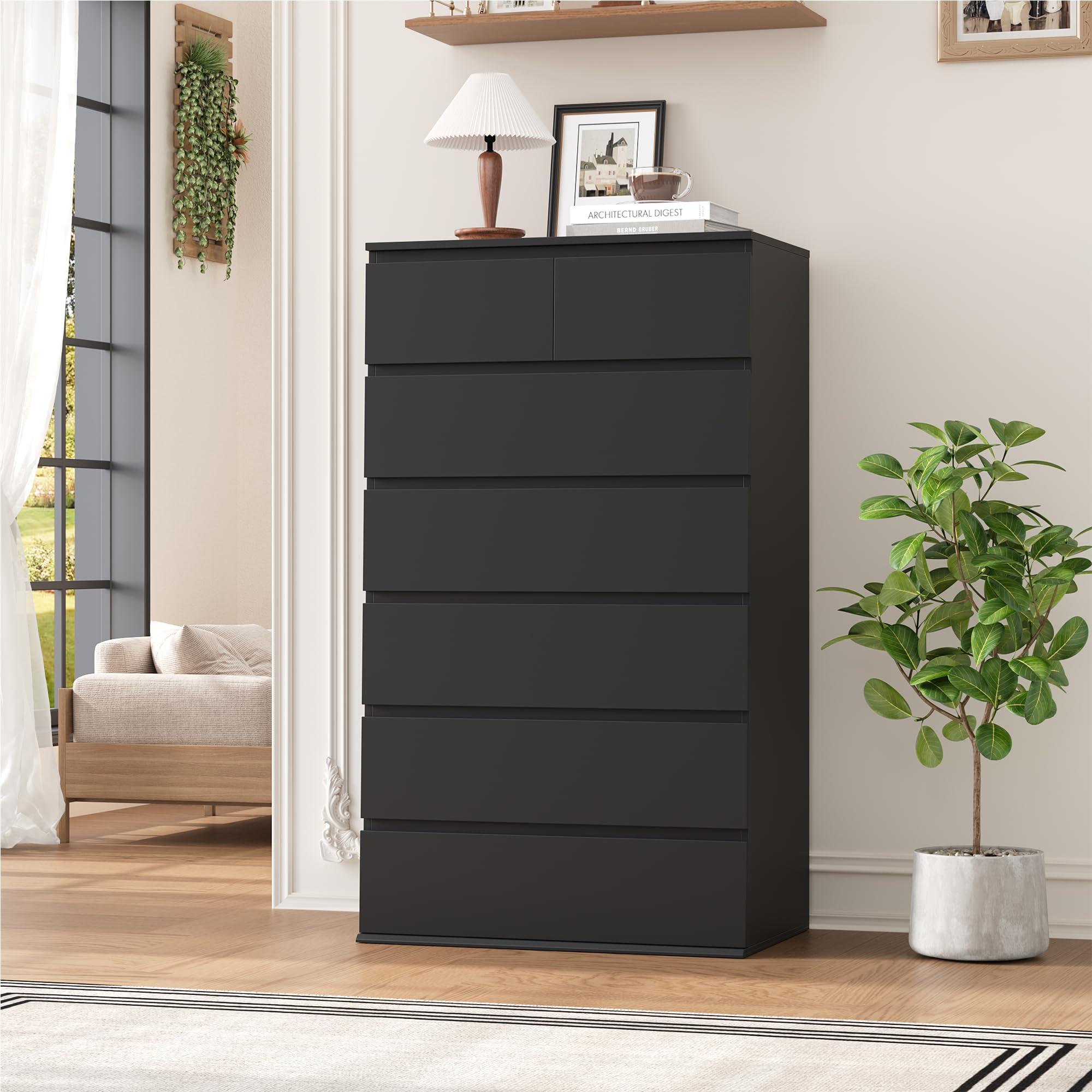 FOTOSOK 7 Drawer Dresser, Black Dresser Tall Dresser, 23.6W x 15.7D x 46.7H in Black Chest of Drawers with Large Storage Space for Home