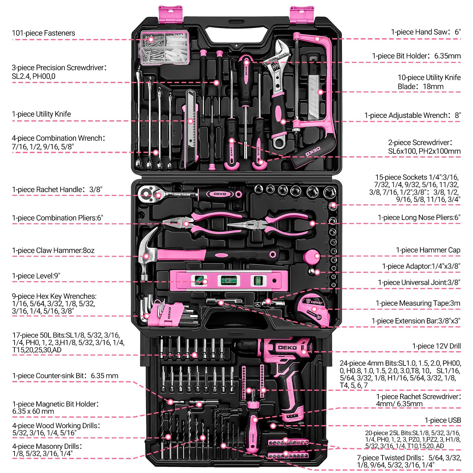Tool Set: Tool Kit with 12V Cordless Drill, Hand Toolbox with storage case, Mechanic Tool set for Home Repairs, Green