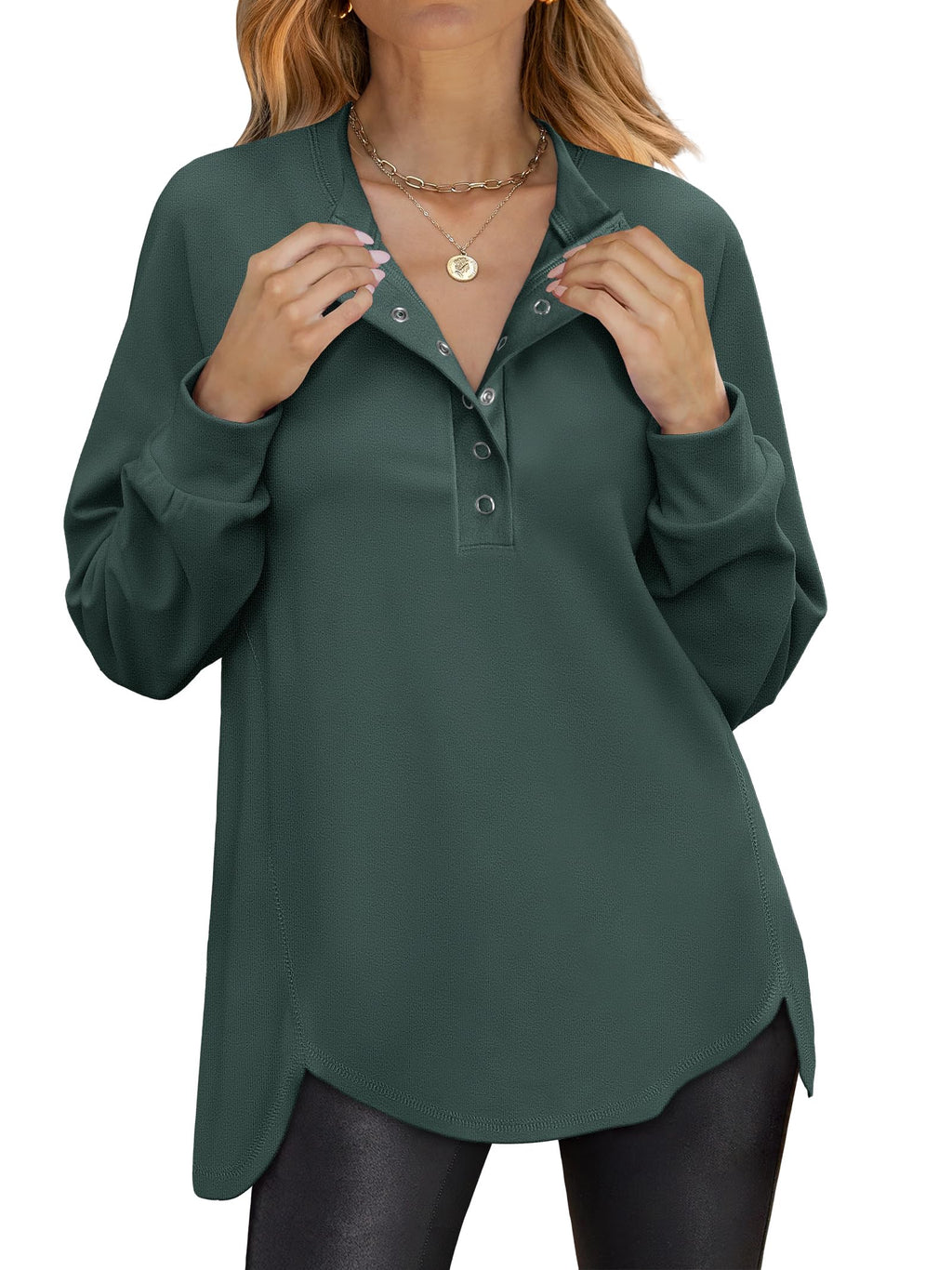 ANRABESS Women's Long Sleeve Henley Oversized Sweatshirts | Button Slit Hem Tunic Tops, Soft Loose Fit Pullover, School Work Office Outfits, Lounge Casual, Fall Winter Clothes