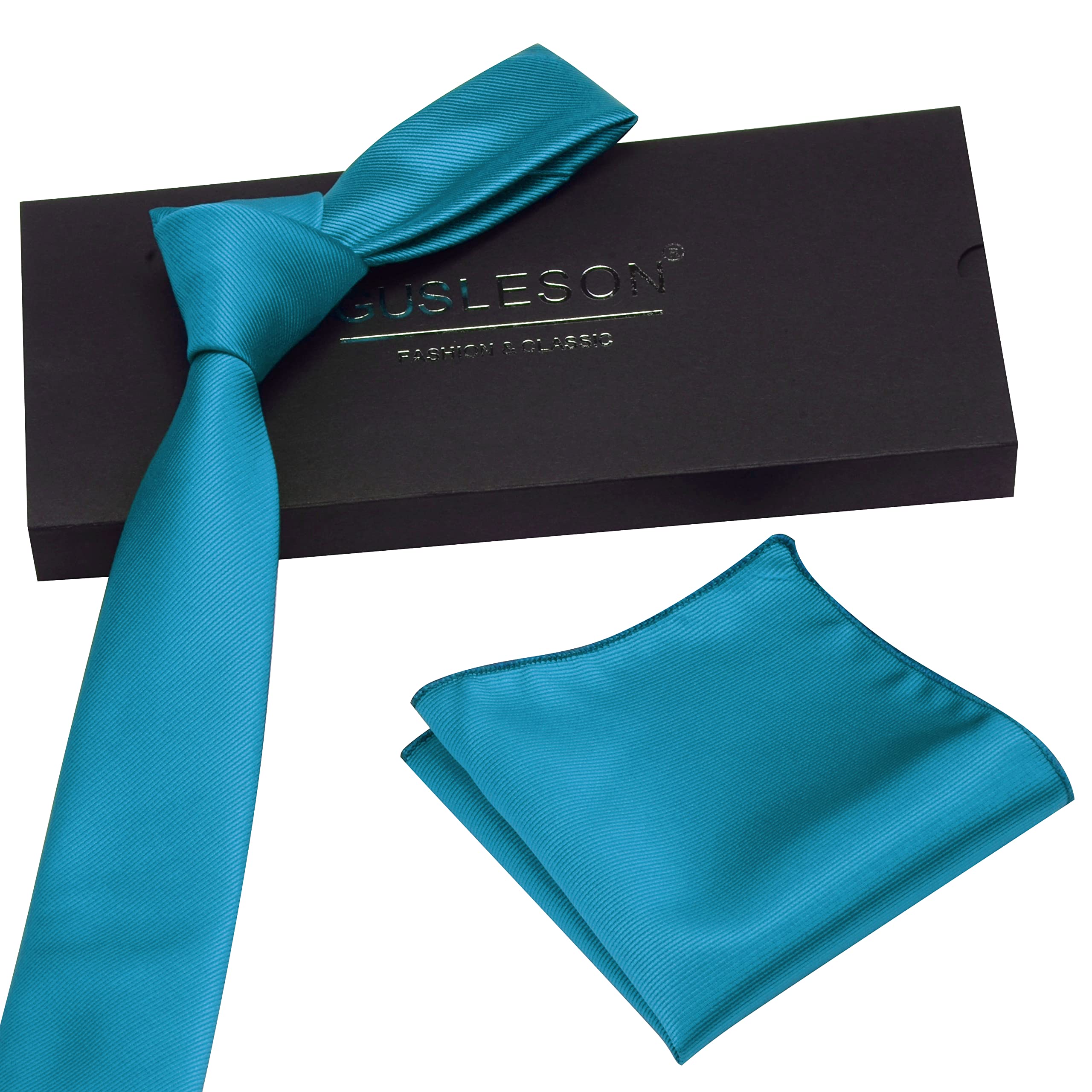 GUSLESON 2.4" Slim Necktie and Handkerchief Set For Men Solid Skinny Tie Set