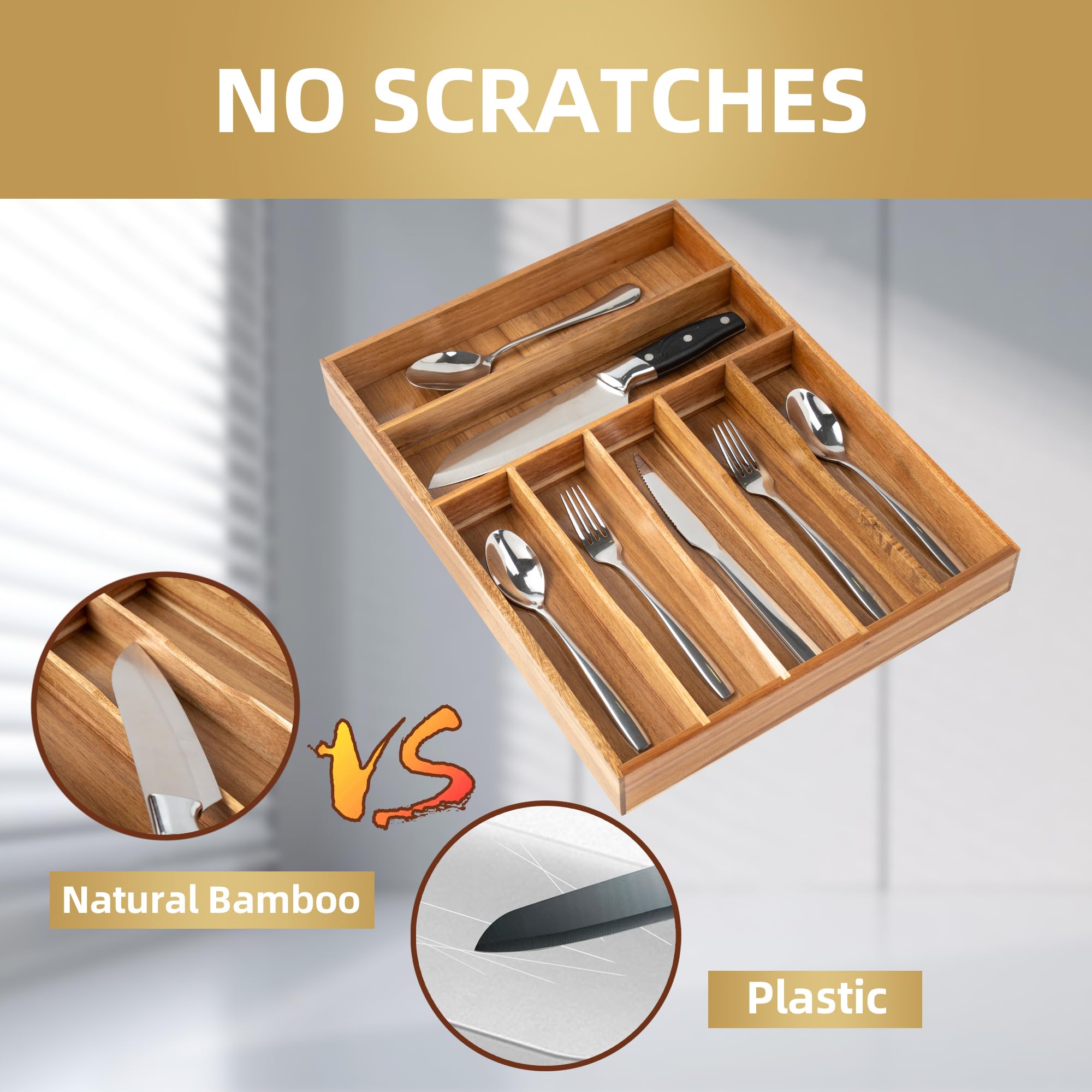 Acacia 4 Slot Silverware Drawer Organizer - Cutlery Holder with Flatware Tray