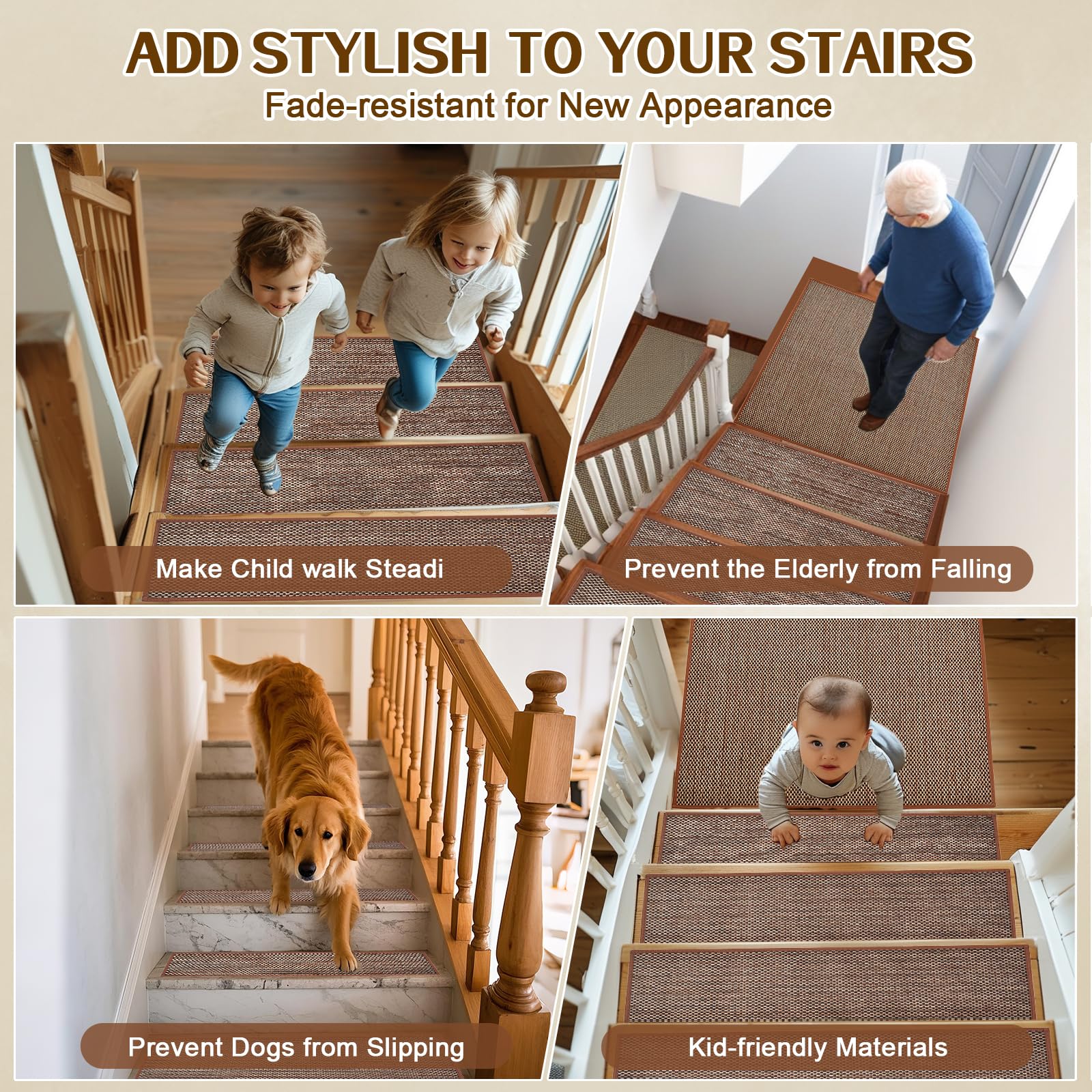 Non Slip Stair Treads for Wooden Steps, Square Rubber Backing Non Slip Stair Landing Mat, Thicken Linen Carpet Stair Runners Indoor, No Residue Stair Carpet Treads, 29"x29", Beige