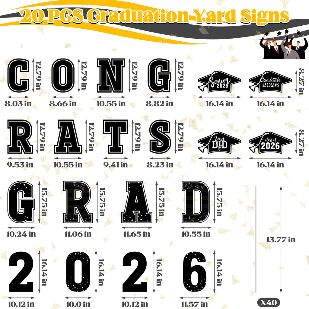 HOVACY 20 PCS Black Gold Graduation Yard Signs Class of 2026 | Black Gold 20 PCS, 40 Stakes, 11.57 x 16.14 in, Corrugated Plastic, Waterproof, Congrats Grad Sign, Graduation Sign
