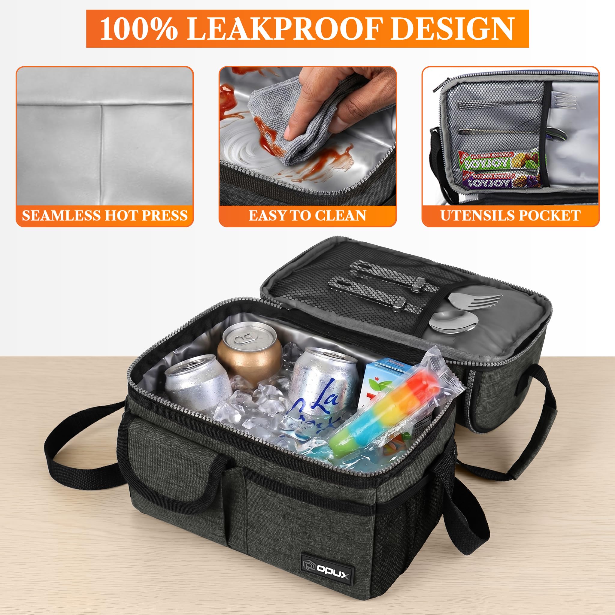 opux Insulated Lunch Bag Women Men, Dual Compartment Leakproof Lunch Box Adults Kids, Double Decker Meal Prep Bento Lunch Cooler Tote with Shoulder Strap for Work Office School Travel, Black