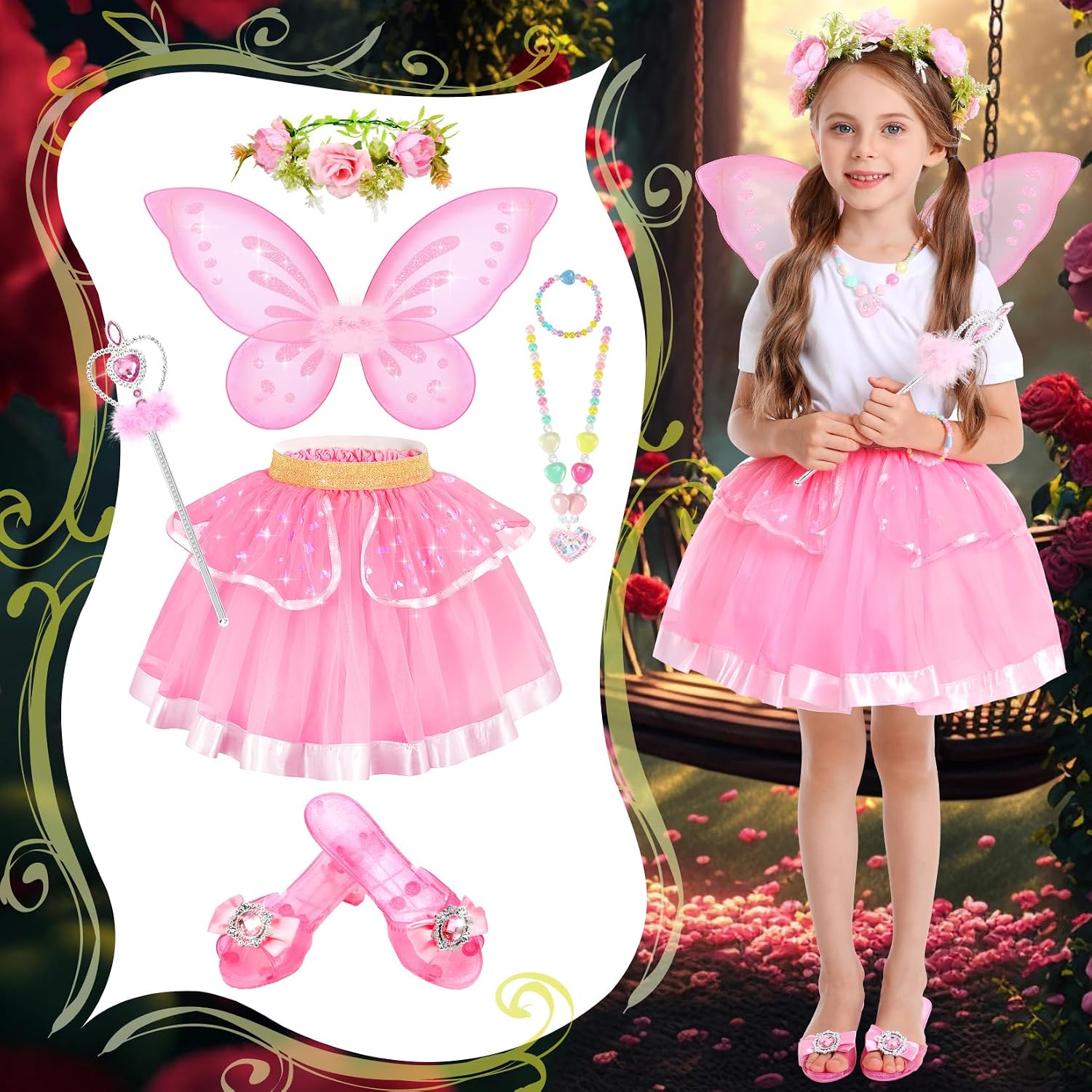 Chillife Princess Dress Up Fairy & Unicorn Costume for Girls 4-6, Toddler Dress with Tutu, Wings, Shoes, Jewelry, Headband Fairy Unicorn Toys for Girls Christmas Halloween Birthday Gift Toys