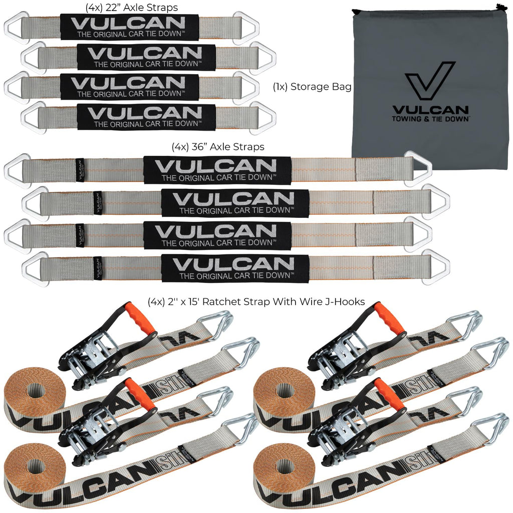 VULCAN Complete Axle Strap Tie Down Kit with Snap Hook Ratchet Straps - Classic Yellow - Includes (4) 22 Inch Axle Straps, (4) 36 Inch Axle Straps, and (4) 8' Snap Hook Ratchet Straps