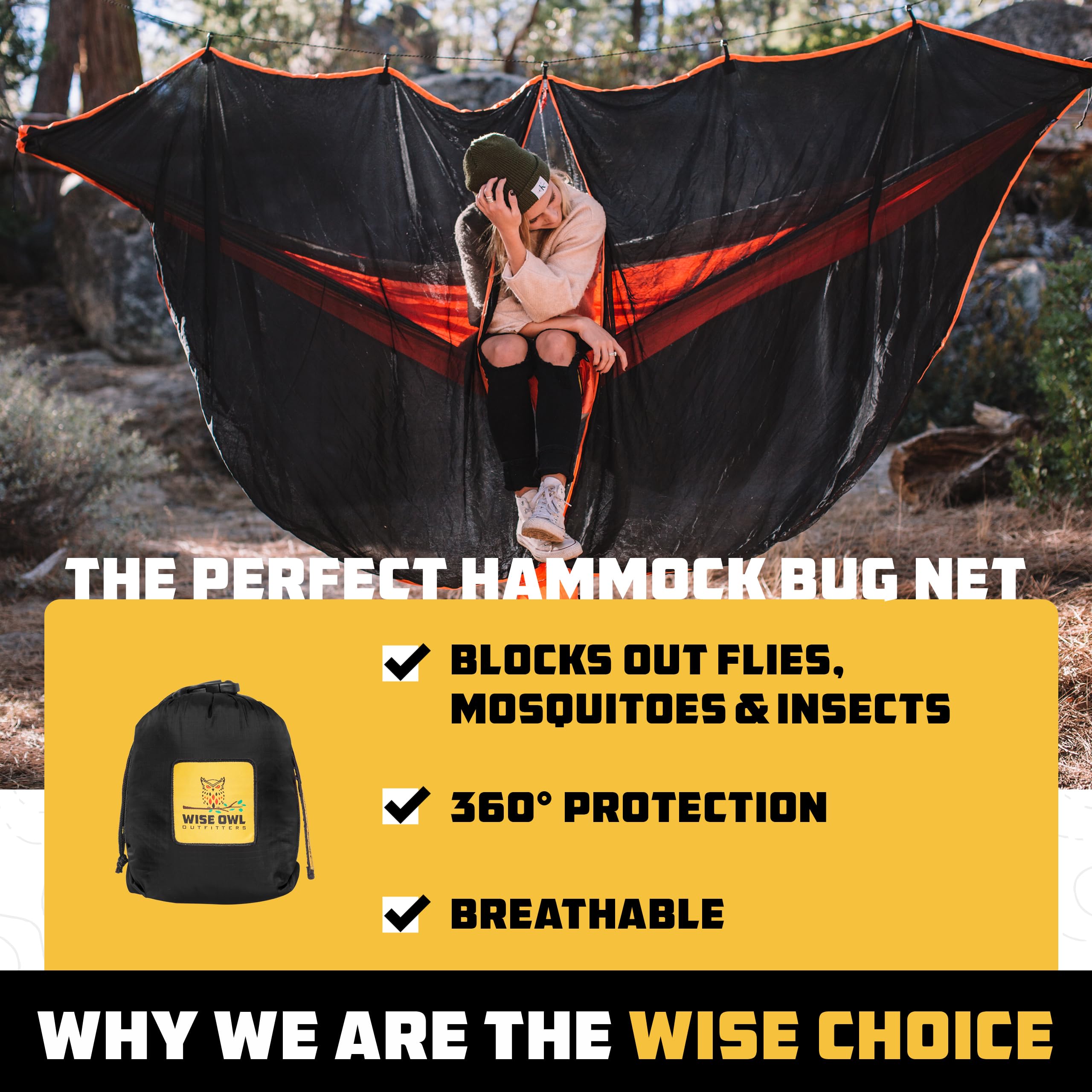 Wise Owl Outfitters Hammock Bug Net – Mosquito Net for Hammock, Lightweight Bug Netting for Camping, Hiking, Backpacking, Forest & Outdoor Use