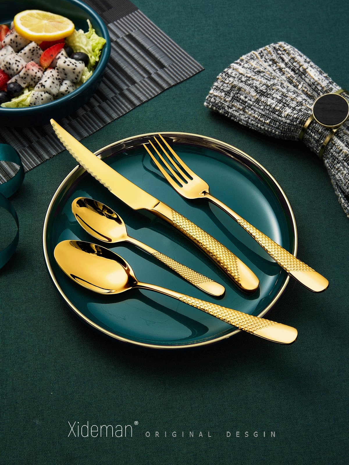 16-Piece Modern Black Hammered Silverware Set with Ultra Sharp 2-IN-1 Serrated Knives, 18/10 Stainless Steel Flatware Set, Titanium Plated Cutlery Set Service for 4, Dishwasher Safe