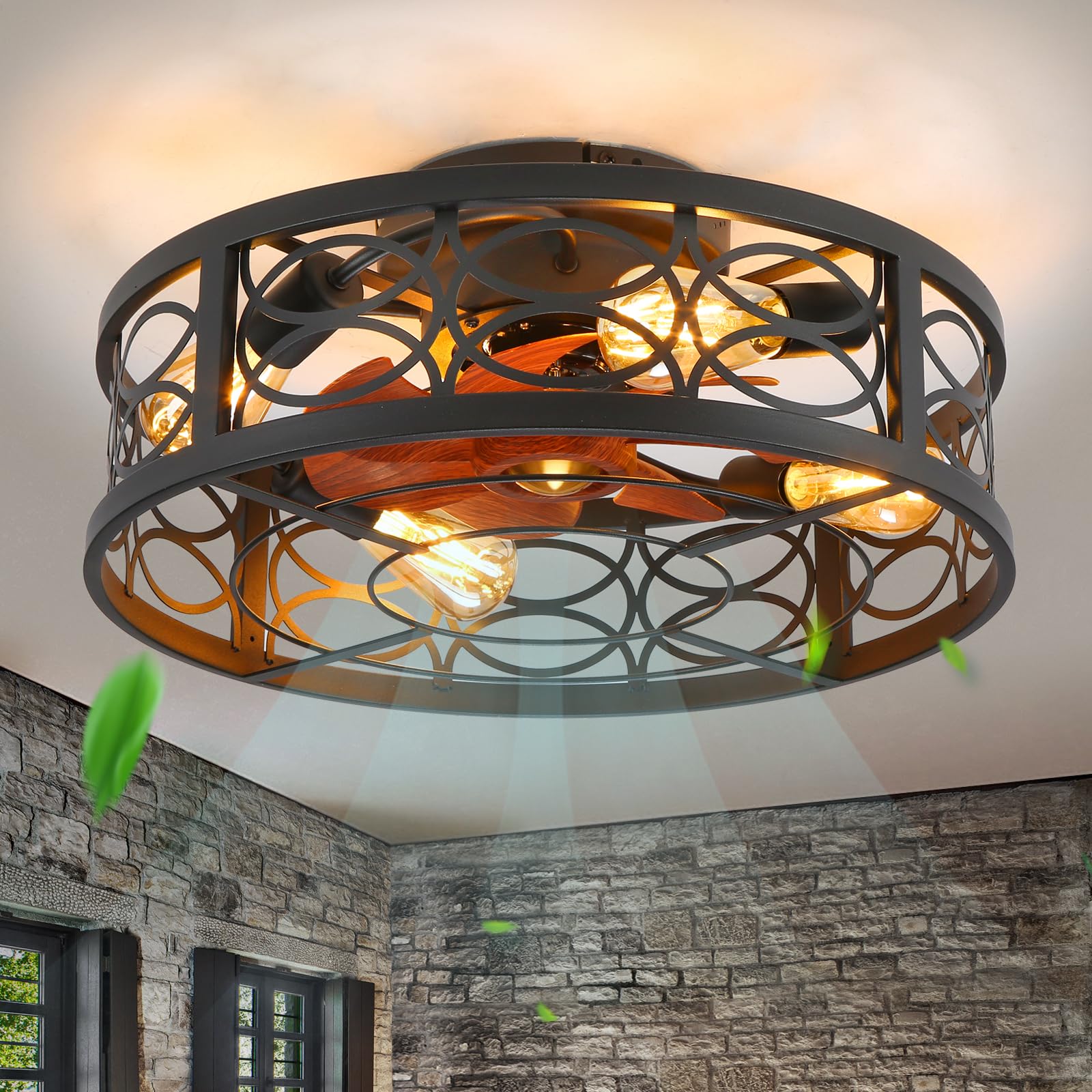 20" Boho Rattan Caged Ceiling Fan with Light,Low Profile Flush Mount Bladeless Ceiling Fan with Remote Control, 6 Speeds Reversible Silent Motor, Farmhouse Fabric Fandalier for Bedroom,Living Room