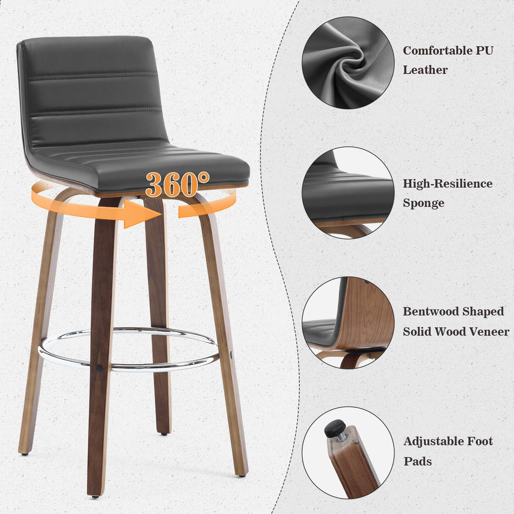 Bar Stools 29 Inch Bar Height, Swivel Bar Stools with Backs Upholstered PU Leather Barstool, L Shape Back and Padded Seat, Mid-Century Modern Bar Stool Pub Chairs for Kitchen Counter Island, Black