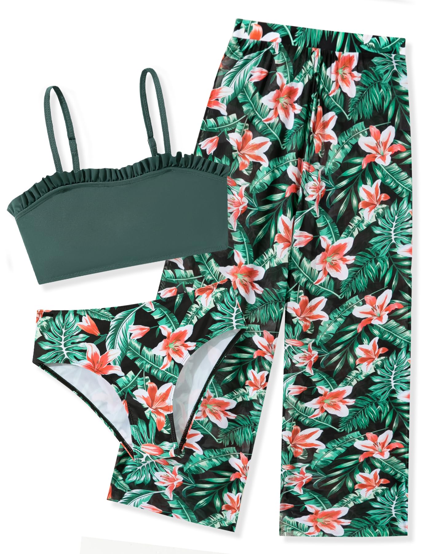 Vogseek 6-16T Girls 3 Pieces Bikini Bathing Suit with Rash Guard Pants Quick Dry Swimwear Cover-Up Sets