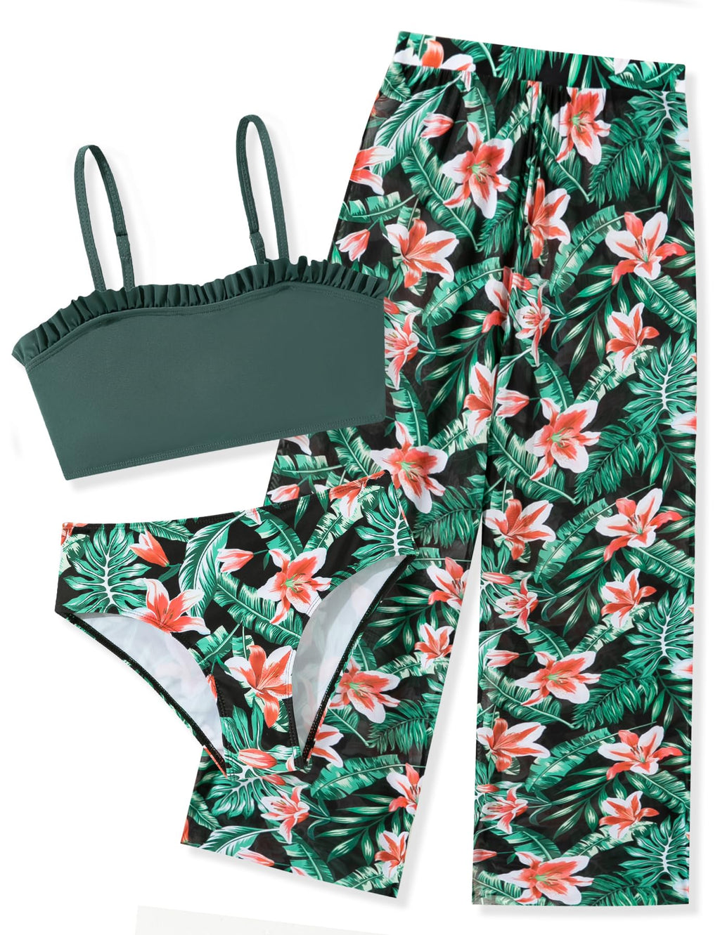 Vogseek 6-16T Girls 3 Pieces Bikini Bathing Suit with Rash Guard Pants Quick Dry Swimwear Cover-Up Sets