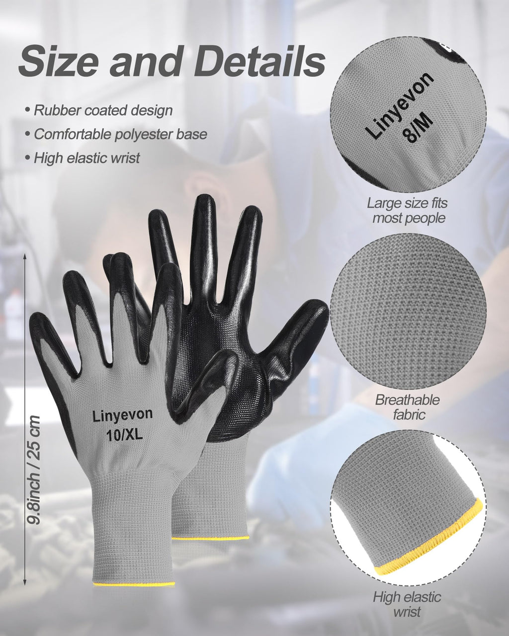 Maxcheck PU Coated Gloves Bulk, Reusable Rubber Safety Gloves for Men Women Work Warehouse, Mechanic, Woodworking