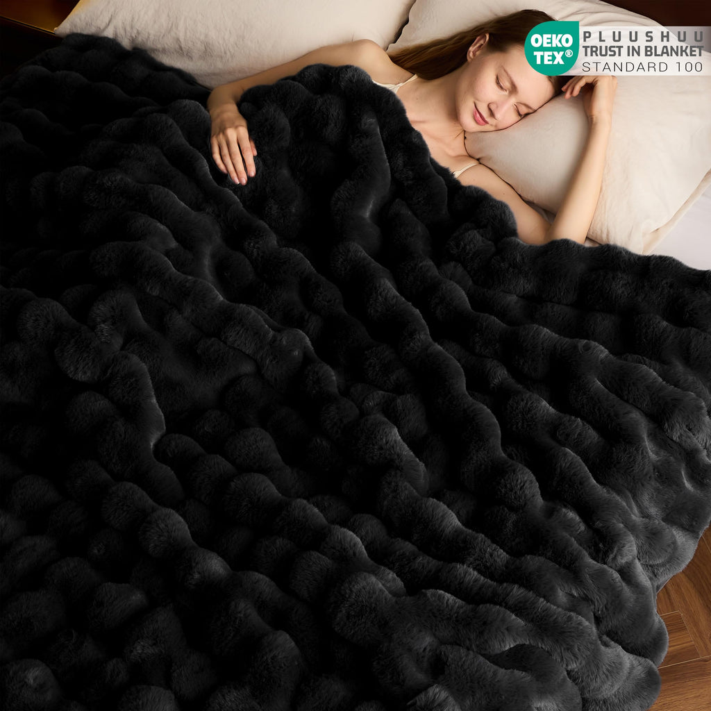 Faux Fur Throw Blanket for Couch, Fluffy Fuzzy Plush Bubble Blanket, Soft Warm Cozy Shaggy Rabbit Blanket, Luxury Decorative Gifts for Sofa Bedroom Living Room, 60x50inch (Beige)