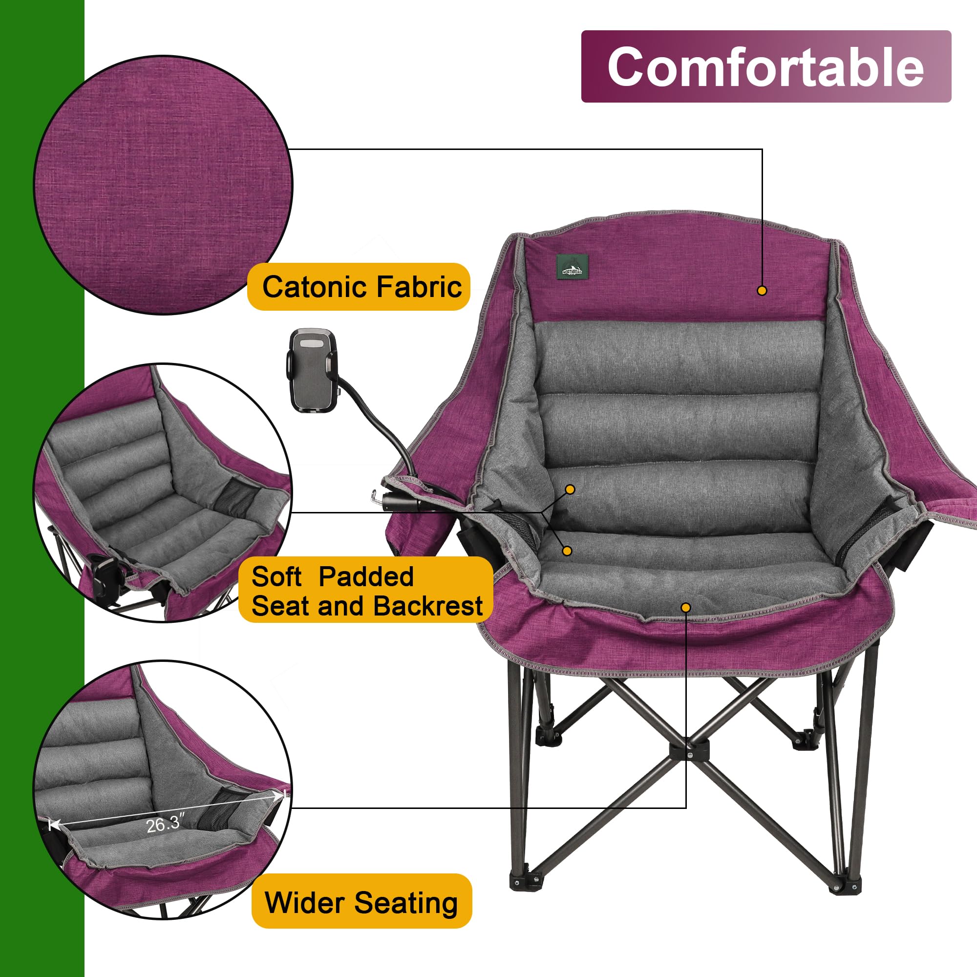 Northroad Oversized XL Padded Camping Chair w/Cell Phone Holder, Large Camp Chair, Foldable Lawn Chair w/Cup Holder,Carry Bag for Outdoor Hiking, Picnics, Heavy-Duty 400-lbs Capacity, Moca