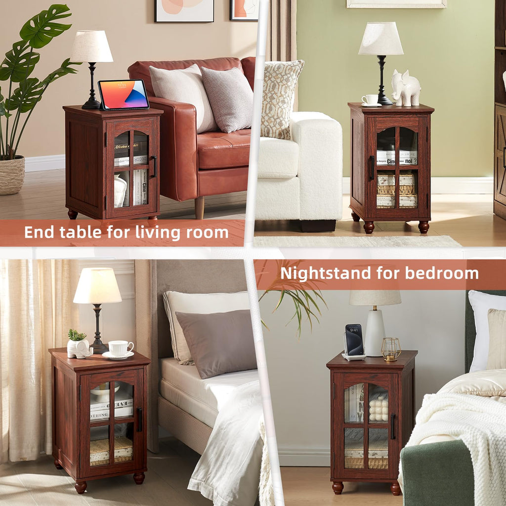 Narrow Side Table,Farmhouse Nightstand with Charging Station,Wood End Table with Glass Barn Door Storage, Cabinet Organizer with Adjustable Shelf, Night Stand for Small Spaces for Living Room Bedroom