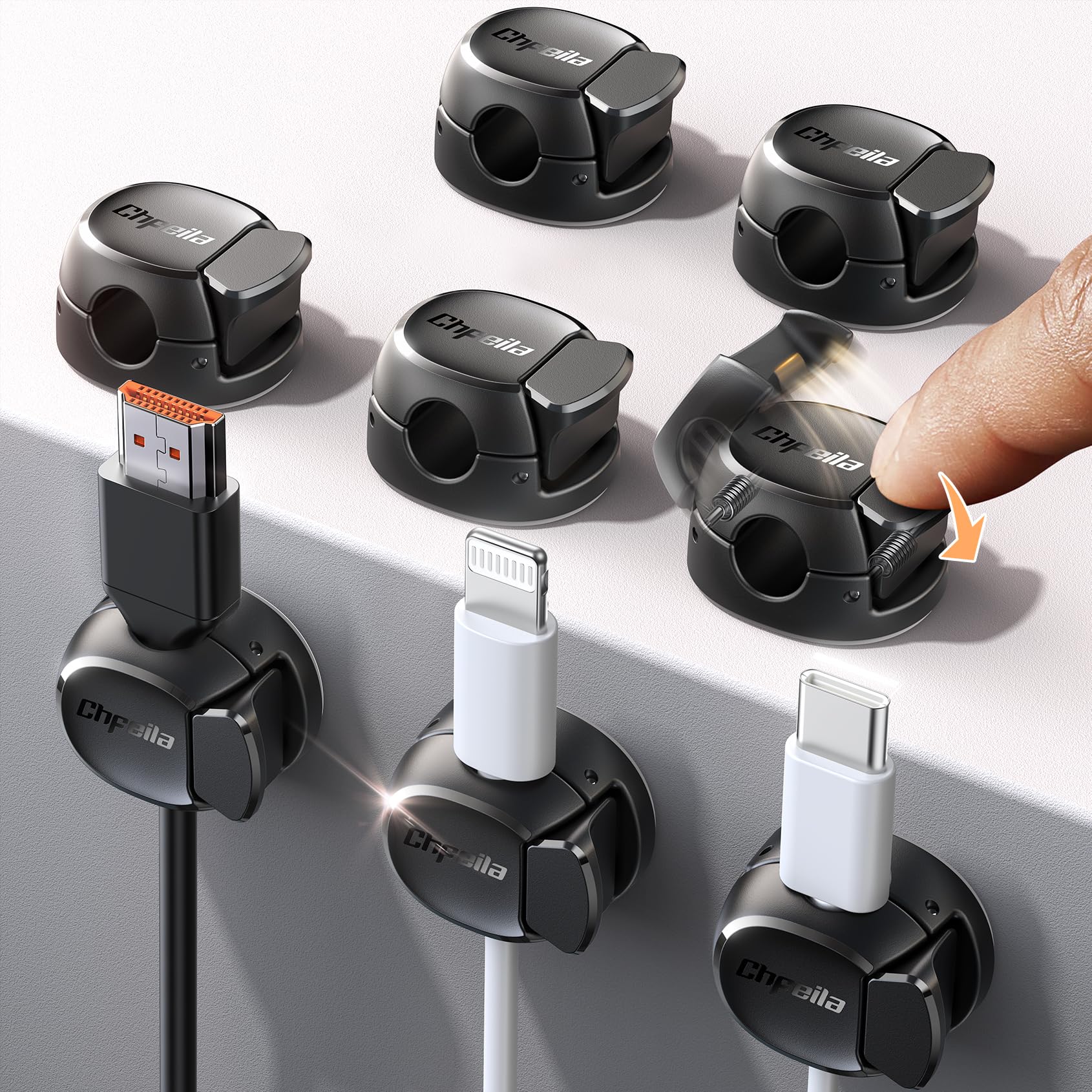 Cable Clips - Chfeila Latest Dual Spring Cord Organizer with Clasp Lock, 6Pack [Max Stability] Desk Cable Management, Adhesive Phone Charging Wire Holder for Nightstand/Car/Wall, Office Accessory
