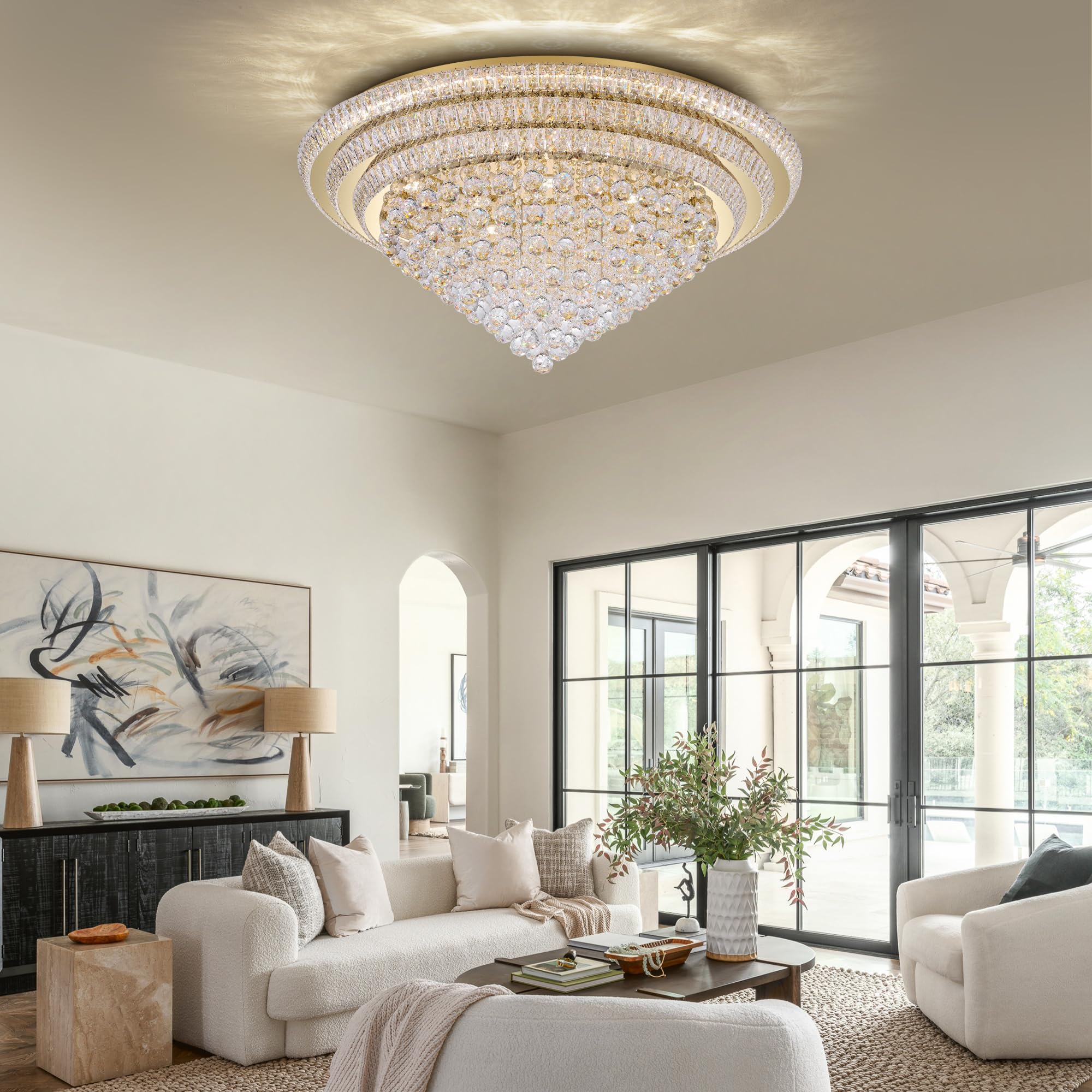 COCOSTAR 20" Gold Crystal Chandeliers, Flush Mount Chandelier LED Ceiling Light, Modern Crystal Raindrop Chandeliers for Dining Room, Living Room, Bedroom