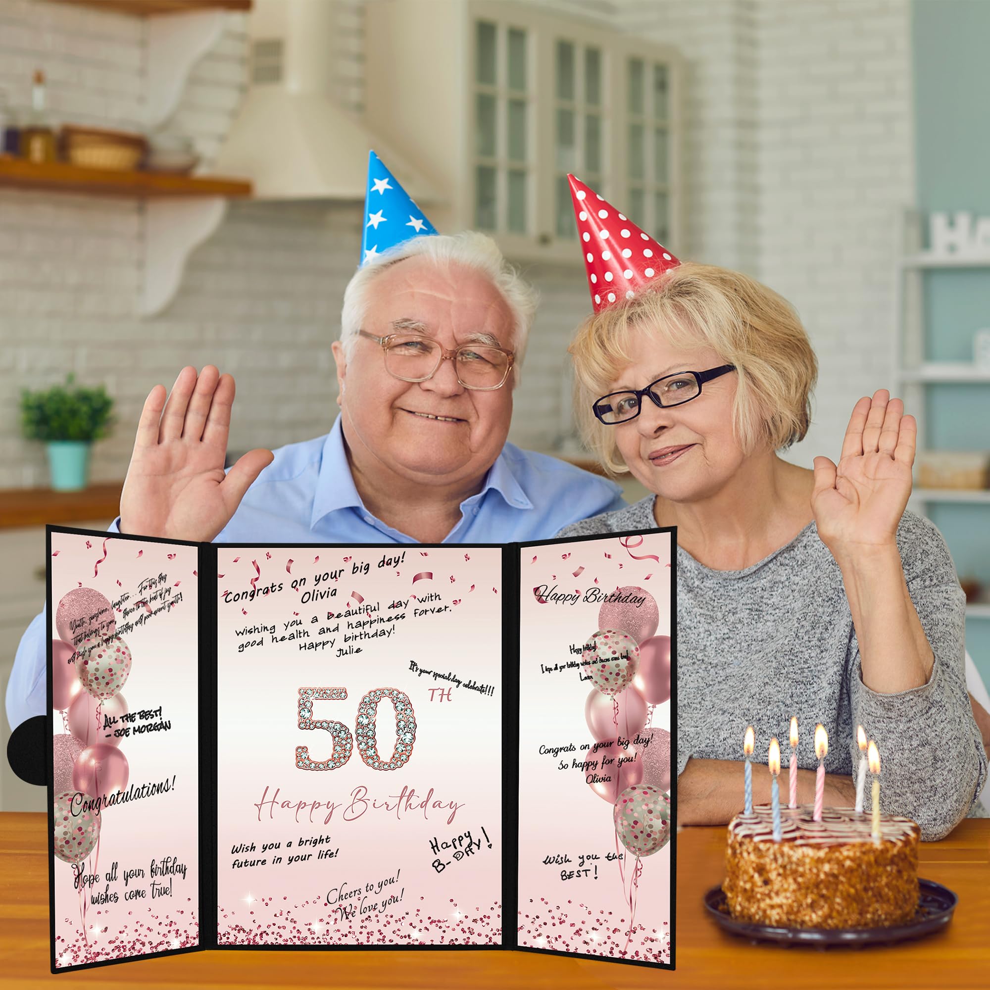 DARUNAXY Rose Gold 50th Birthday Party Decorations for Women, Happy 50th Birthday Alternative Signature Guest Book Black Pink 50 Birthday Signing Card Board Party Supplies Cheers to 50 Years Old Gift