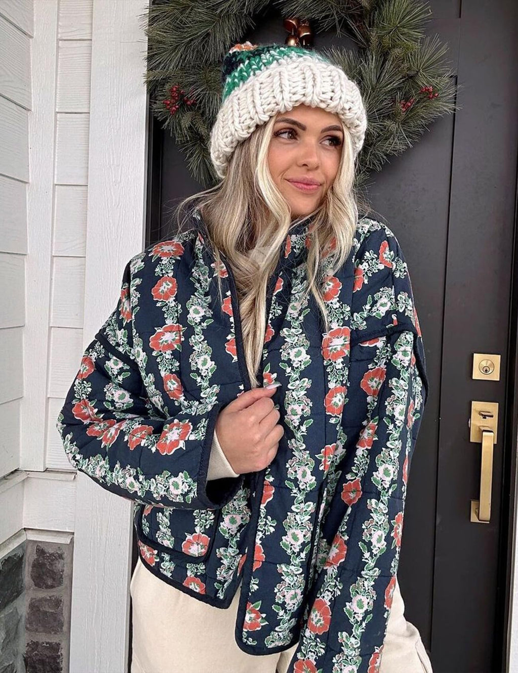 Omoone Women's Cropped Quilted Jacket Floral Printed LightWeight Padded Puffer Cardigan Coat Outwear