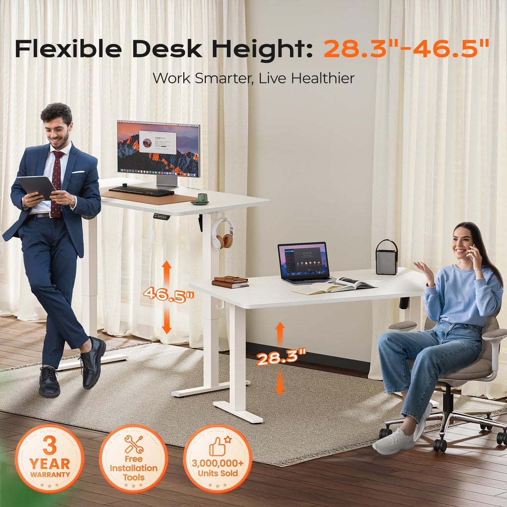 Huuger 48 x 28 Large Electric Standing Desk, Height Adjustable Desk, 27.6" Deep Desktop, Stand up Gaming, 2 Hooks, 3 Preset Heights, for Home Office, Black
