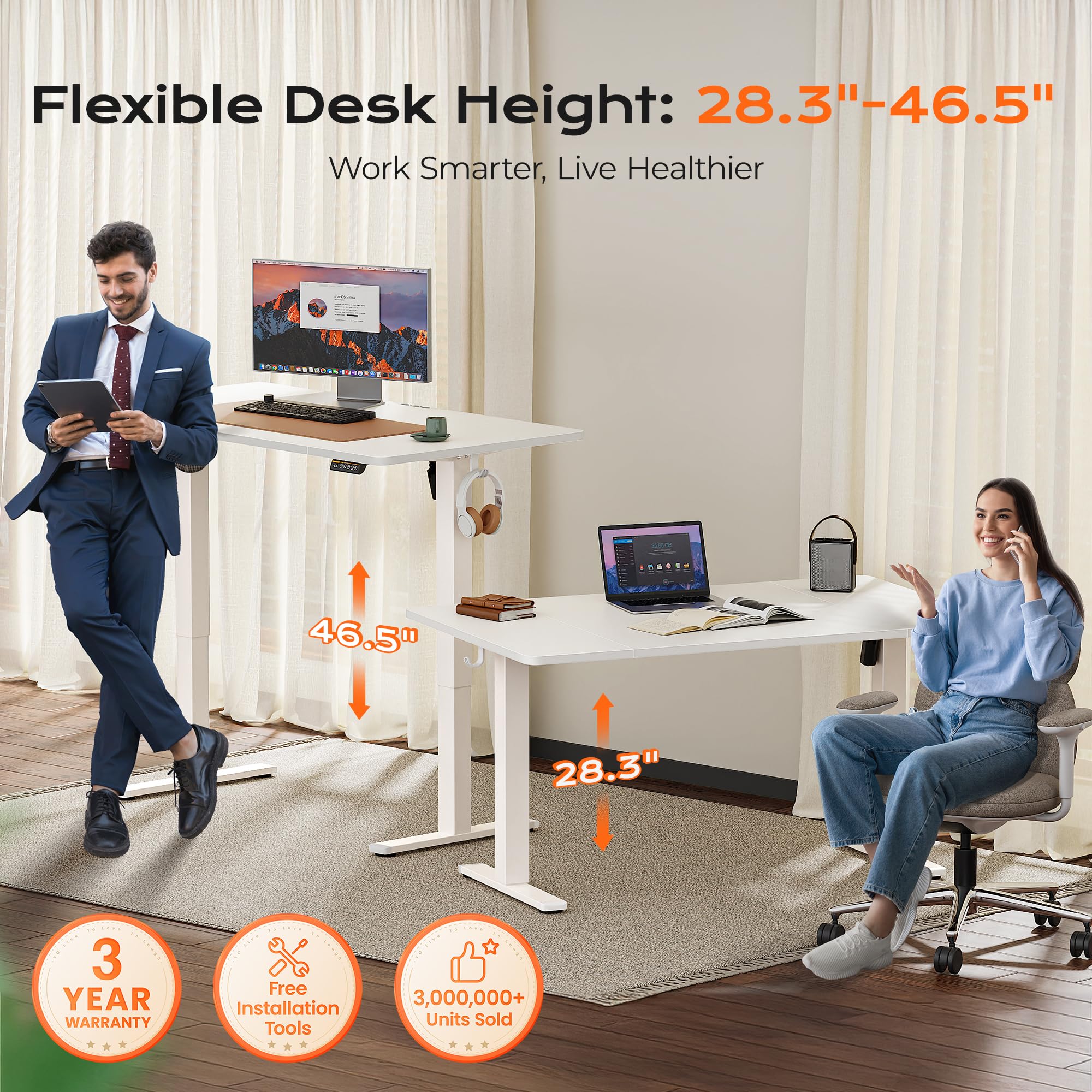 Huuger 48 x 28 Large Electric Standing Desk, Height Adjustable Desk, 27.6" Deep Desktop, Stand up Gaming, 2 Hooks, 3 Preset Heights, for Home Office, Black