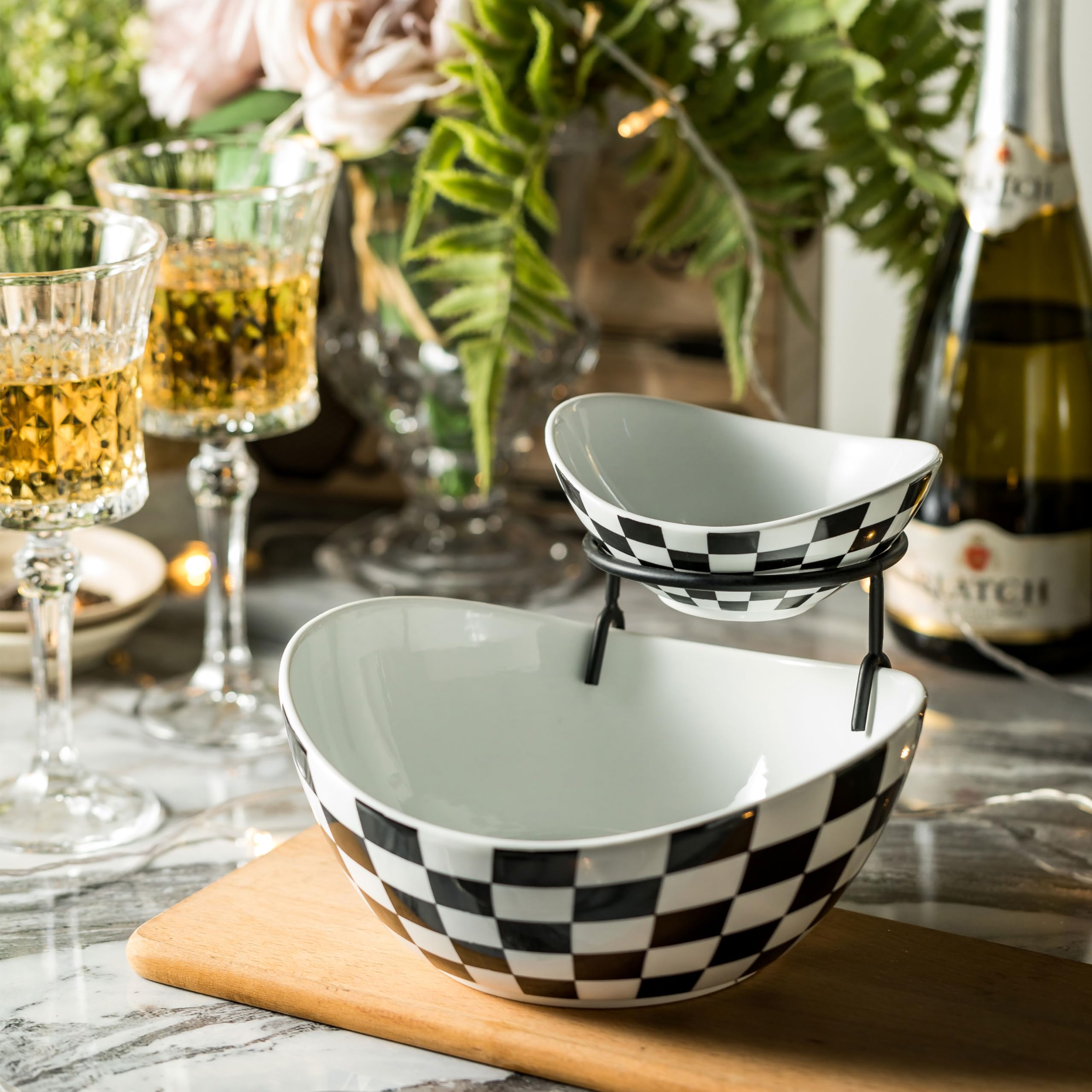 Miamolo 3 Tier Serving Bowls with Stand for Entertaining Party | Ceramic, Chip and Dip Set | Food Display for Fruit Salad Snacks | Space-saving Storage | Microwave & Dishwasher Safe