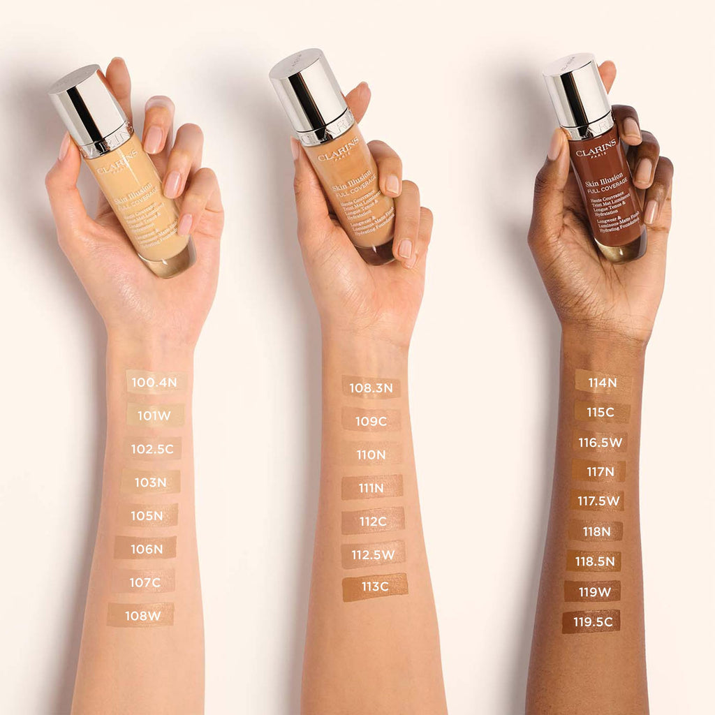 Clarins Skin Illusion Longwear Full Coverage Foundation|Luminous Matte Finish|24H Hold and 24H Hydration|Natural Looking|Transfer, Sweat and Smudge Proof| Contains Hyaluronic Acid|1 Fl Oz