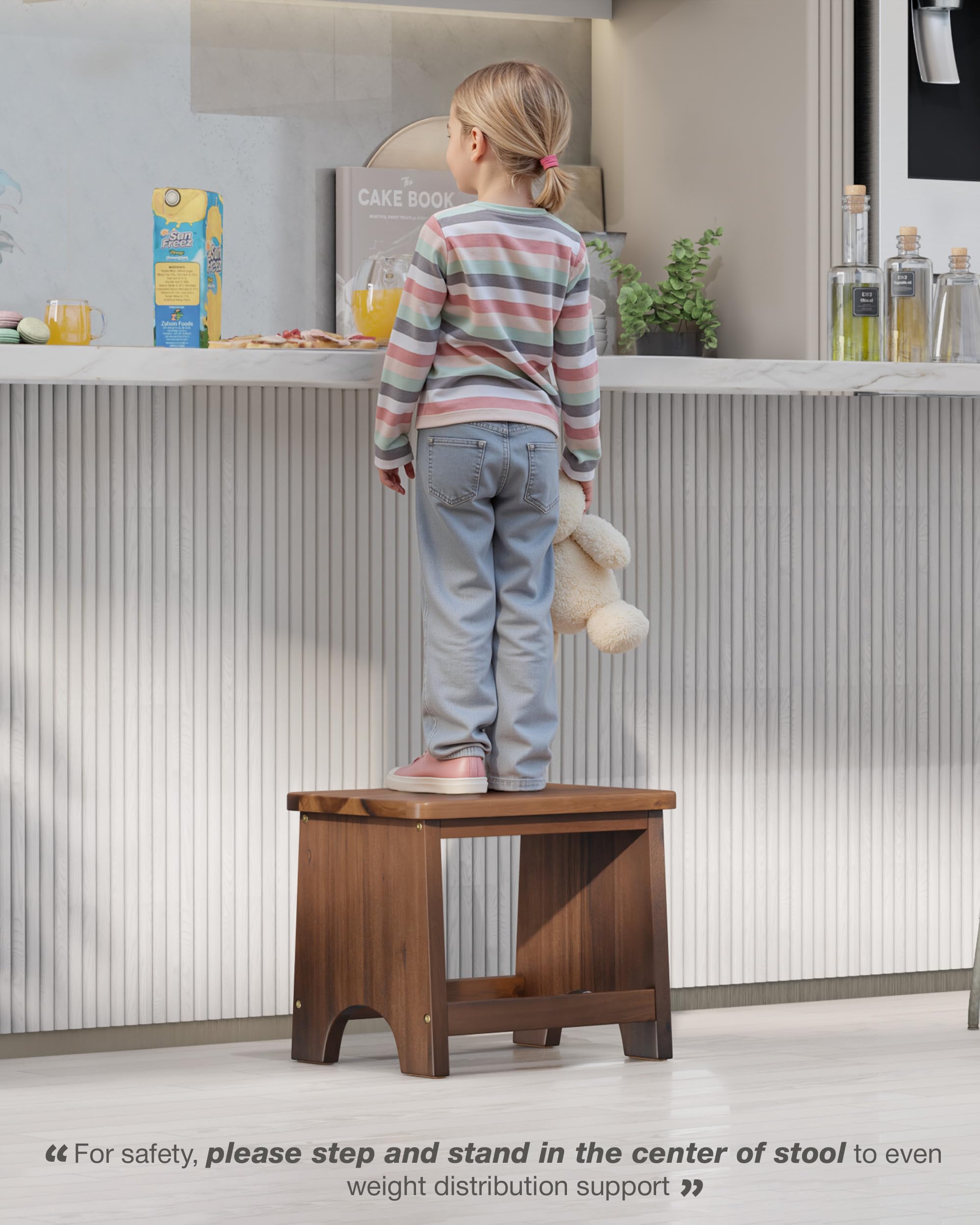 FANATU 13'' Wooden Step Stool, One Step Stool for Adults, Wooden Beside Step Stool with 550 Load Capacity (Acacia, 6.3 in – Metal Legs)