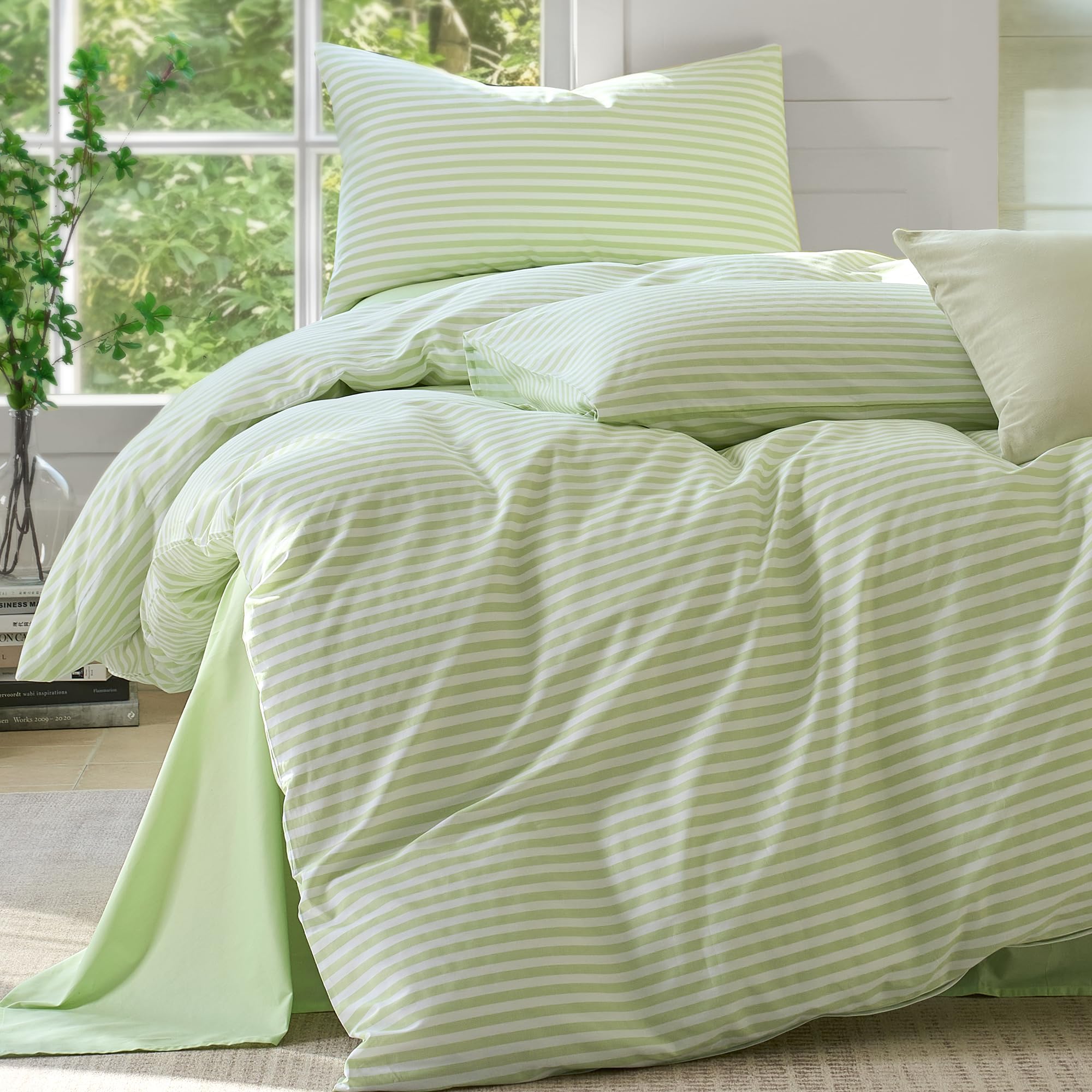 JELLYMONI Cotton Striped Pillowcases Set of 2, Sage Green, Standard | Soft breathable feel, Envelope closure, 400TC cotton, Machine washable, Gentle on skin