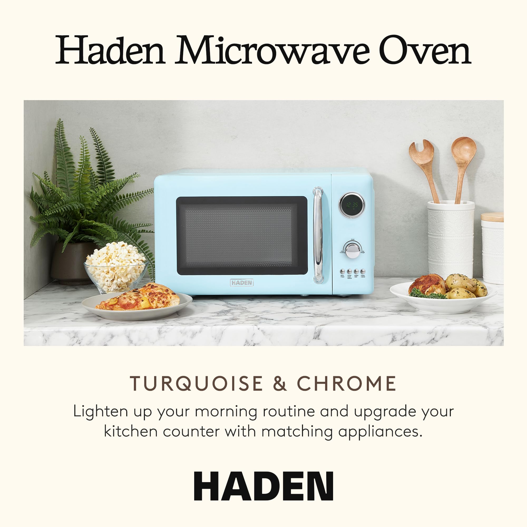 Haden 700 Watt 0.7 Cubic Foot Microwave Oven with Digital Controls, Defrost, and Instant Start Countertop Small Appliance, Ivory/Chrome