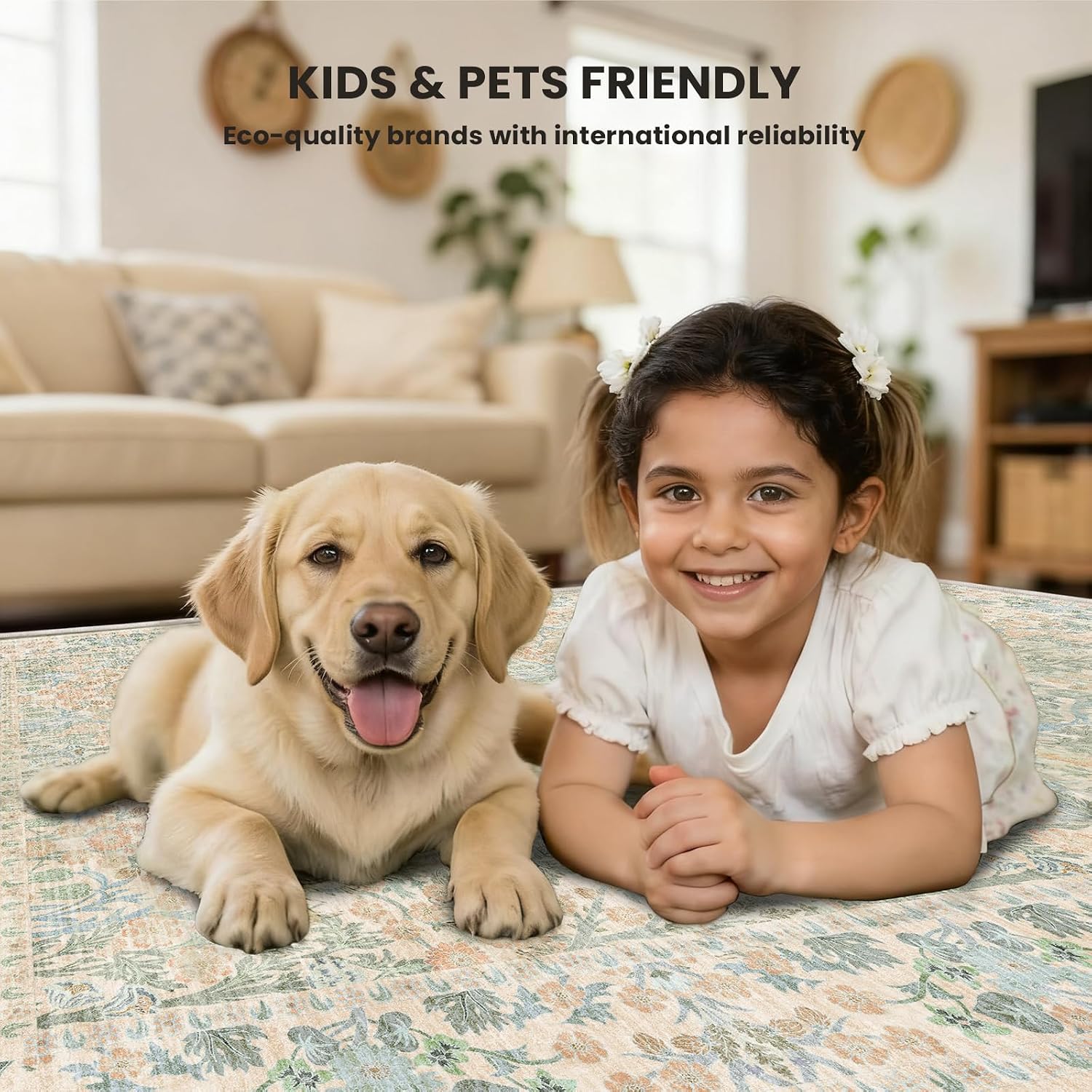Area Rugs for Living Room - 5x7 Area Rugs, Floral Rug, Washable Rugs 5x7, Non-Slip, Stain Resistant Soft Vintage Large Carpet Low Pile Thin Rugs for Living Room Bedroom