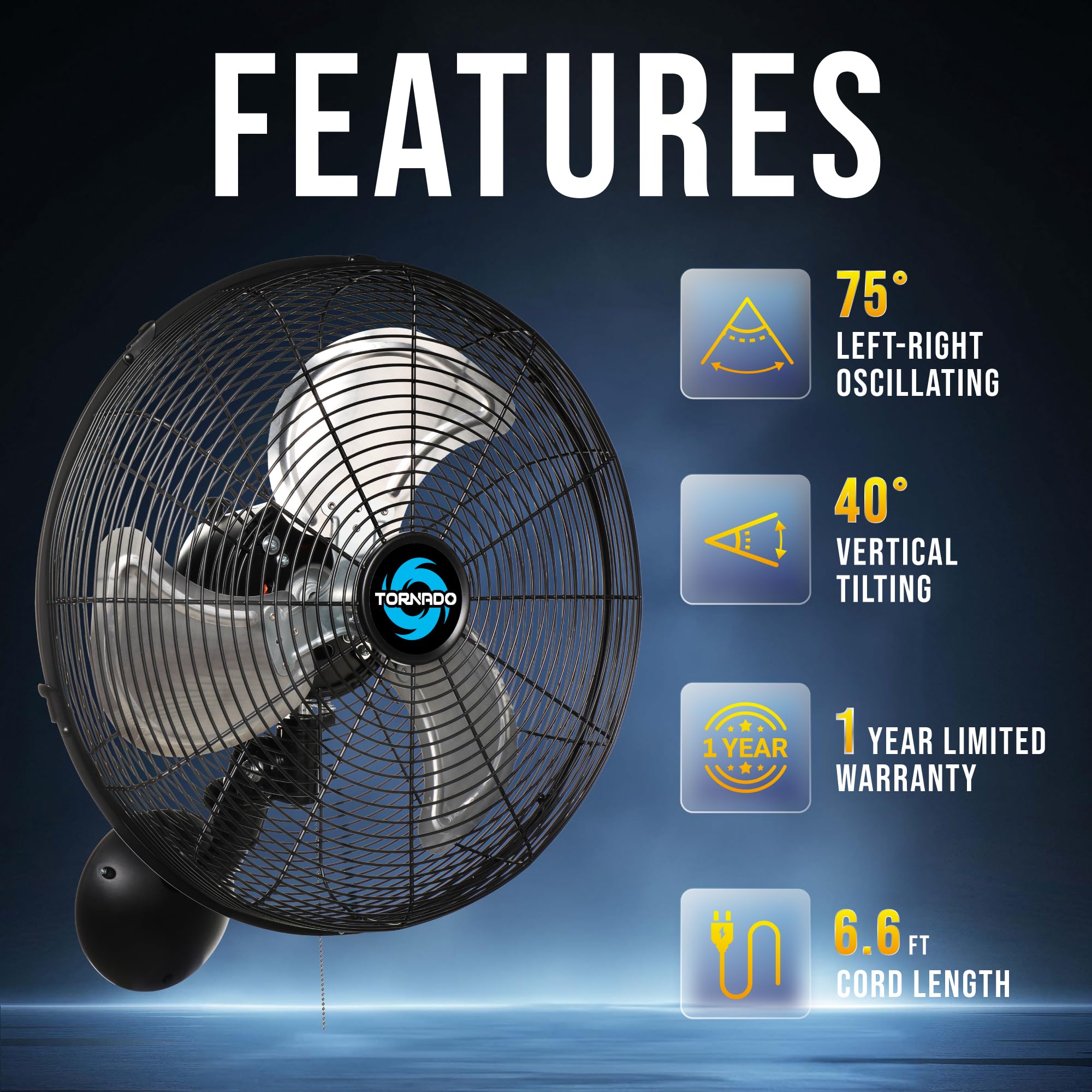 Tornado 16 Inch Professional High-Velocity Oscillating Wall-Mounted Fan – Ideal for Industrial, Commercial, and Residential Spaces – 3-Speed Settings, 2850 CFM, UL Safety Certified