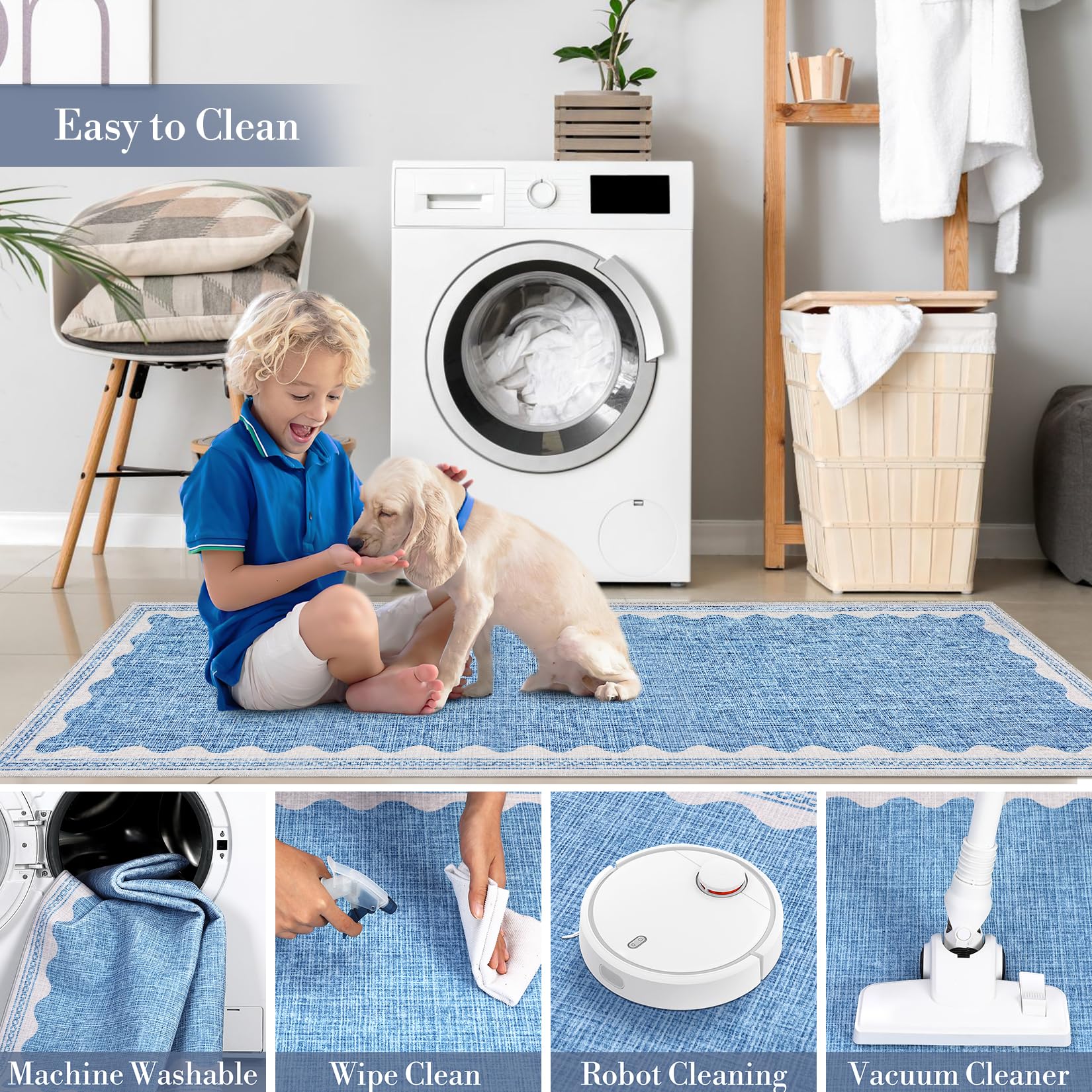 Scalloped Rug 2x3 Rugs for Entryway, Solid Blue Rugs Small Area Rug Non Slip Scalloped Bath Mat, Washable Front Door Mat Indoor Entrance,Soft Girls Nursery Dorm Carpet for Bedroom Kitchen